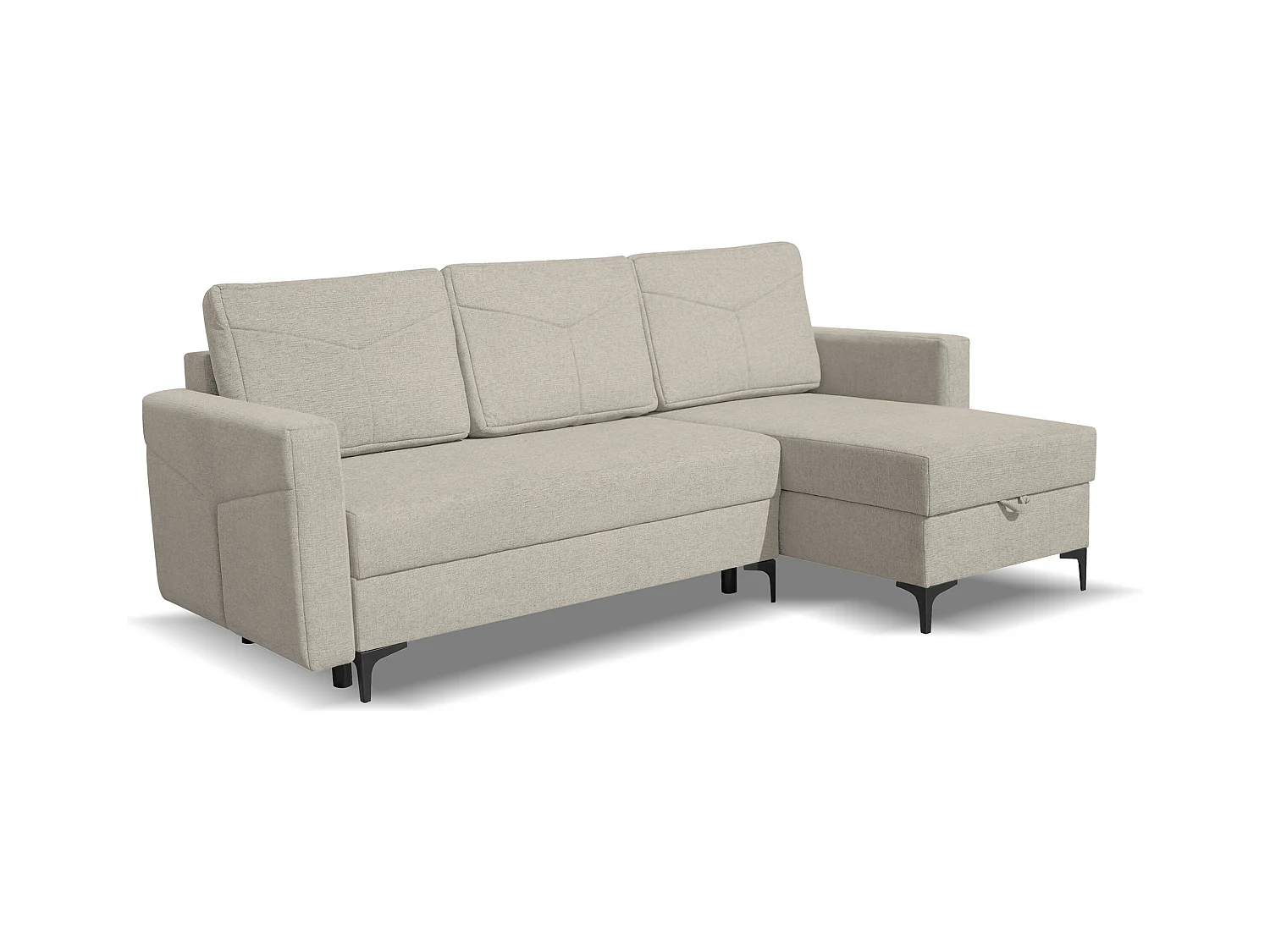 Canapé d'angle Kairo avec fonction couchage et coffre de rangement, couleur : beige, tissu velours, pouf à gauche ou à droite