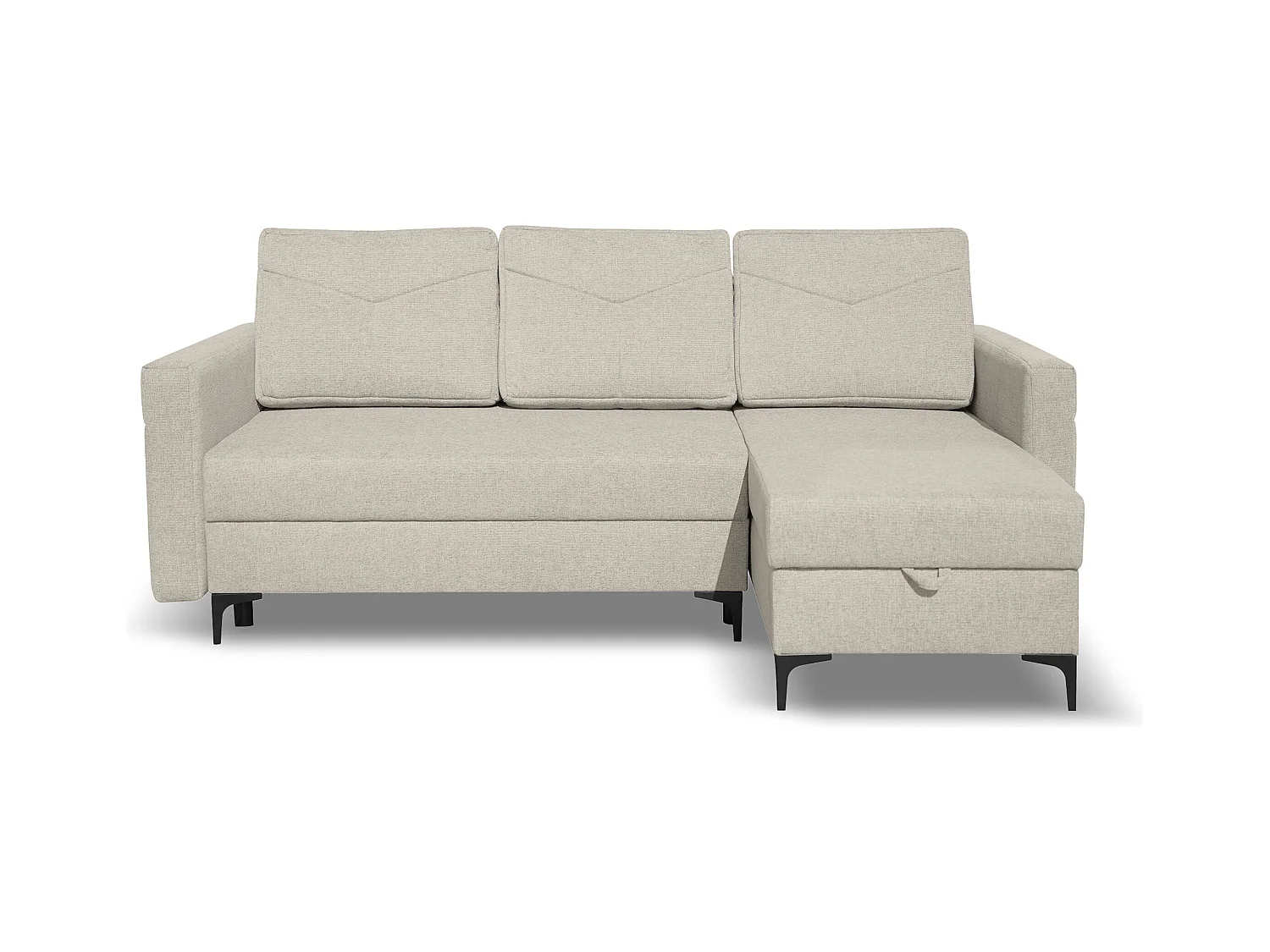 Canapé d'angle Kairo avec fonction couchage et coffre de rangement, couleur : beige, tissu velours, pouf à gauche ou à droite