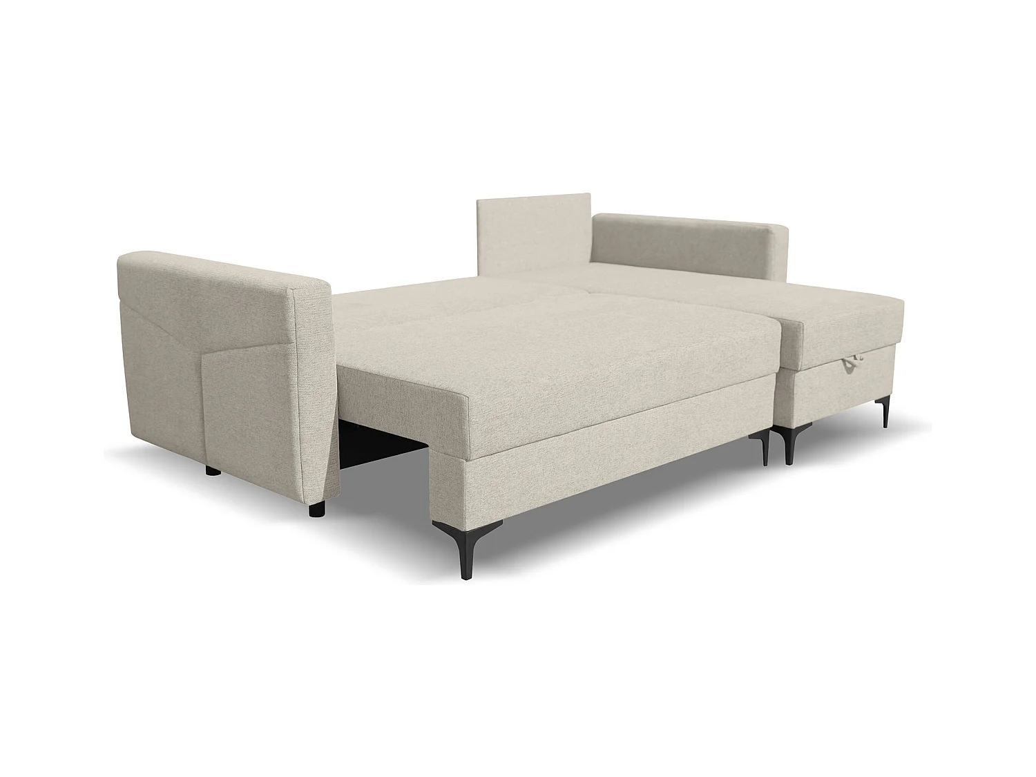 Canapé d'angle Kairo avec fonction couchage et coffre de rangement, couleur : beige, tissu velours, pouf à gauche ou à droite