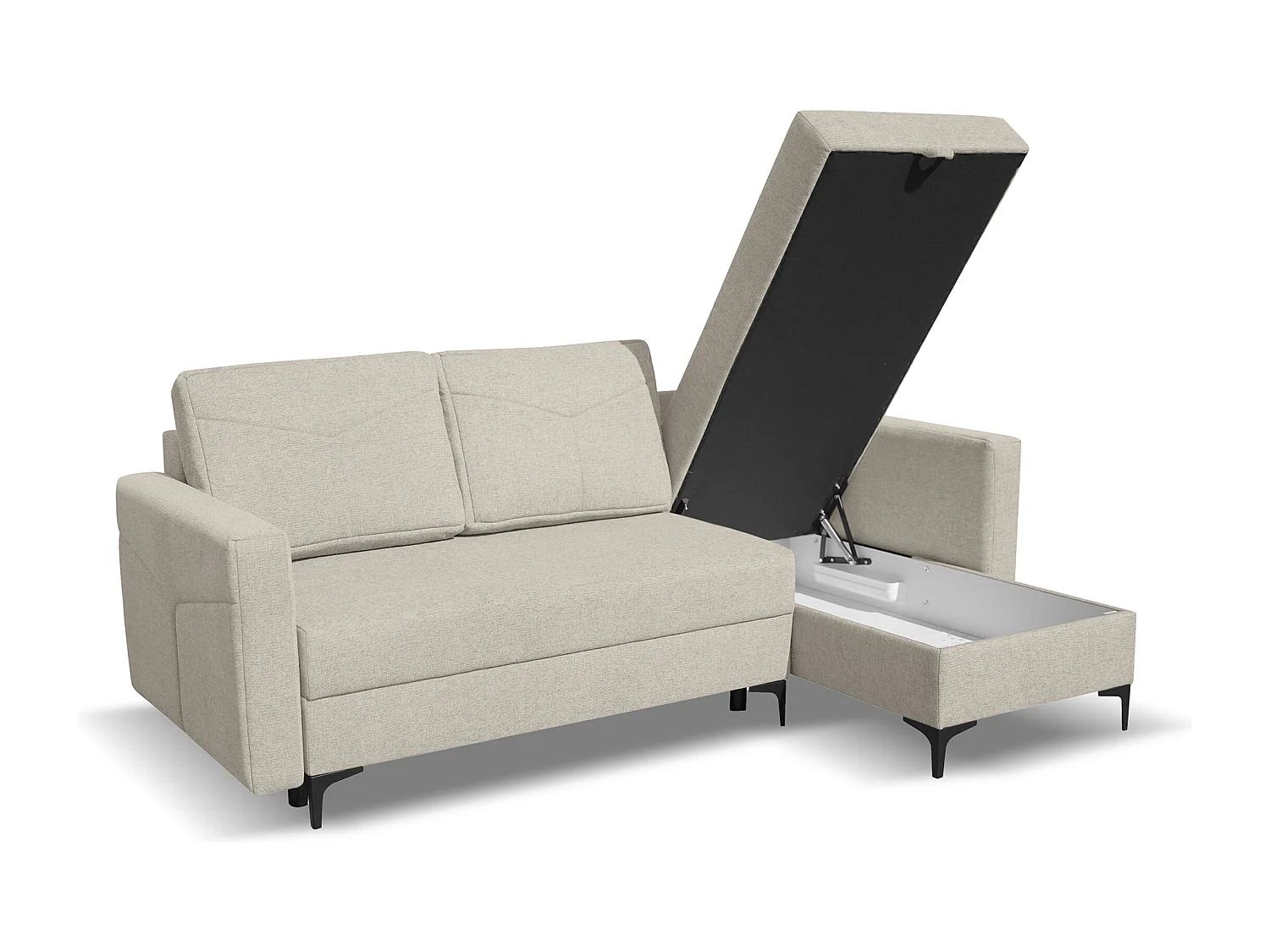 Canapé d'angle Kairo avec fonction couchage et coffre de rangement, couleur : beige, tissu velours, pouf à gauche ou à droite