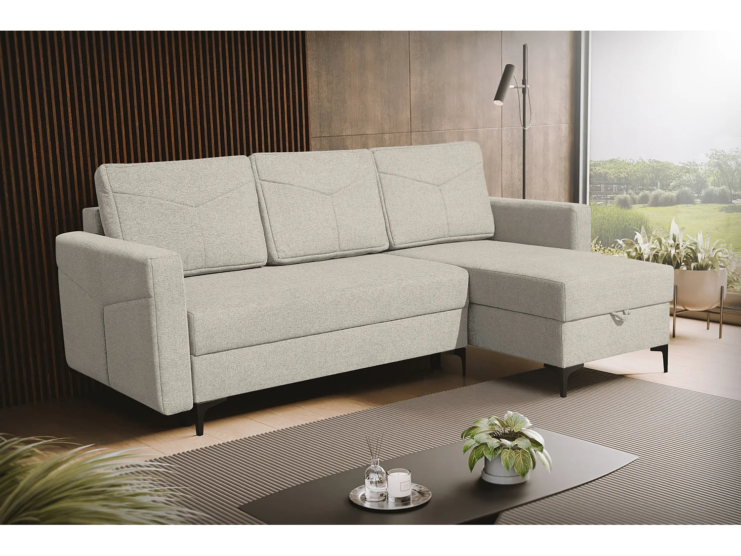 Canapé d'angle Kairo avec fonction couchage et coffre de rangement, couleur : beige, tissu velours, pouf à gauche ou à droite