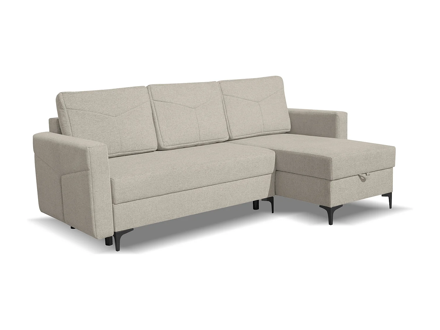 Canapé d'angle Kairo avec fonction couchage et coffre de rangement, couleur : beige, tissu velours, pouf à gauche ou à droite