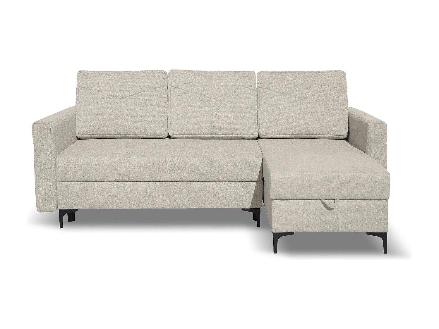 Canapé d'angle Kairo avec fonction couchage et coffre de rangement, couleur : beige, tissu velours, pouf à gauche ou à droite