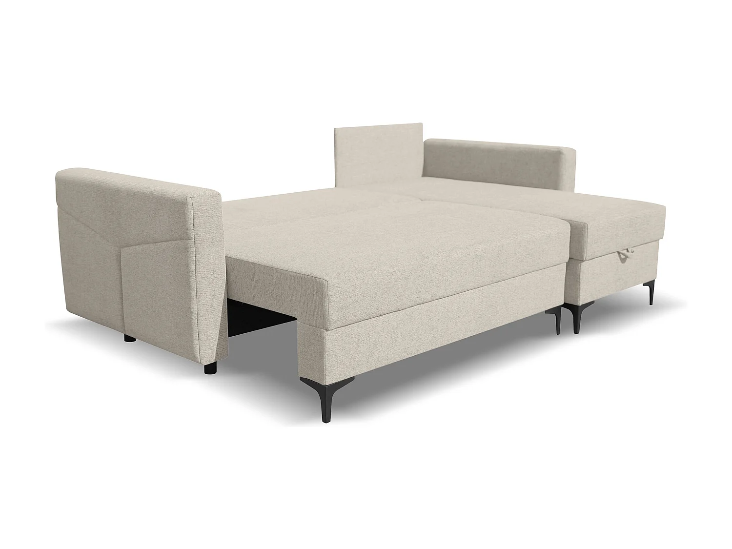 Canapé d'angle Kairo avec fonction couchage et coffre de rangement, couleur : beige, tissu velours, pouf à gauche ou à droite