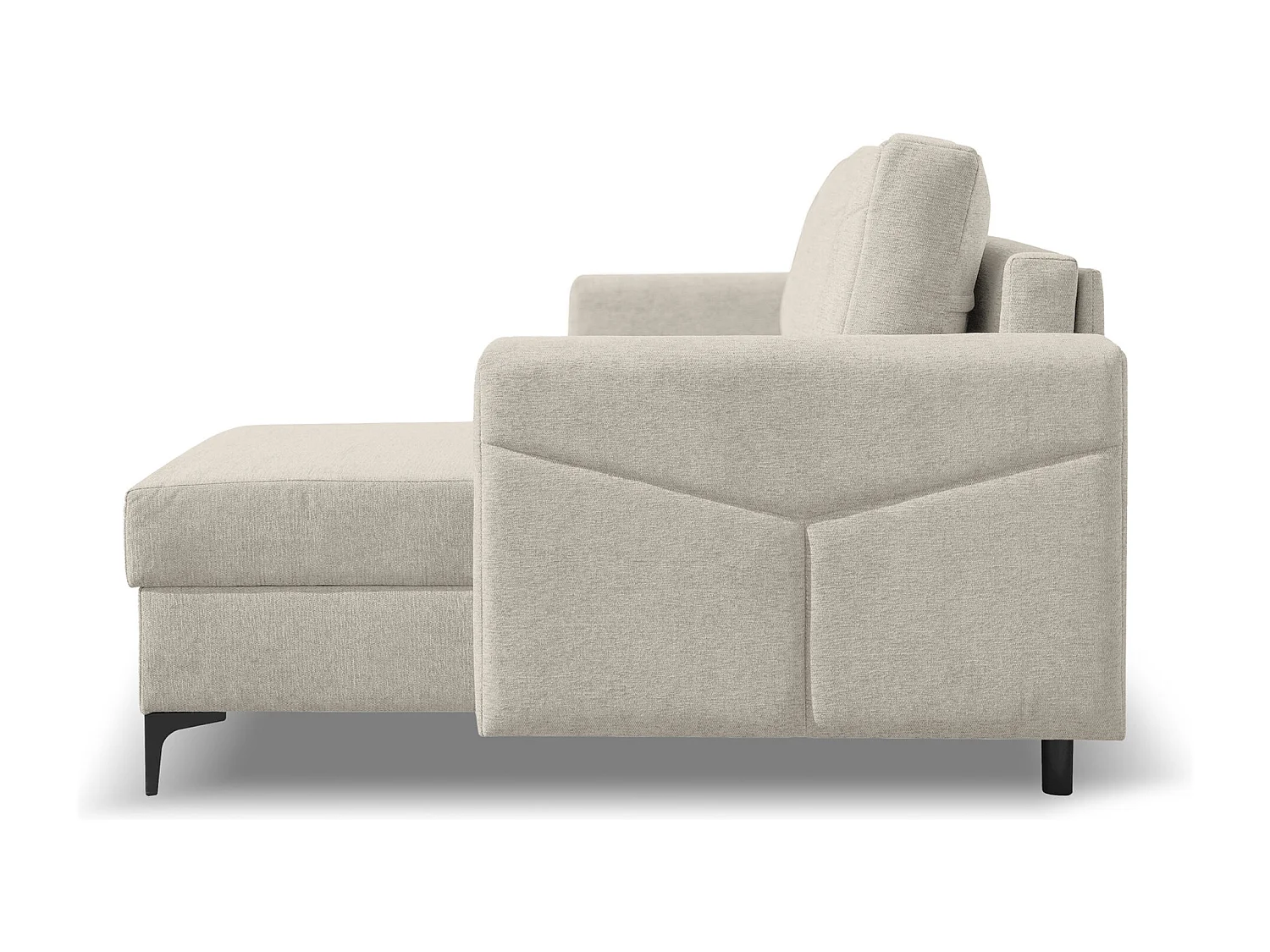 Canapé d'angle Kairo avec fonction couchage et coffre de rangement, couleur : beige, tissu velours, pouf à gauche ou à droite