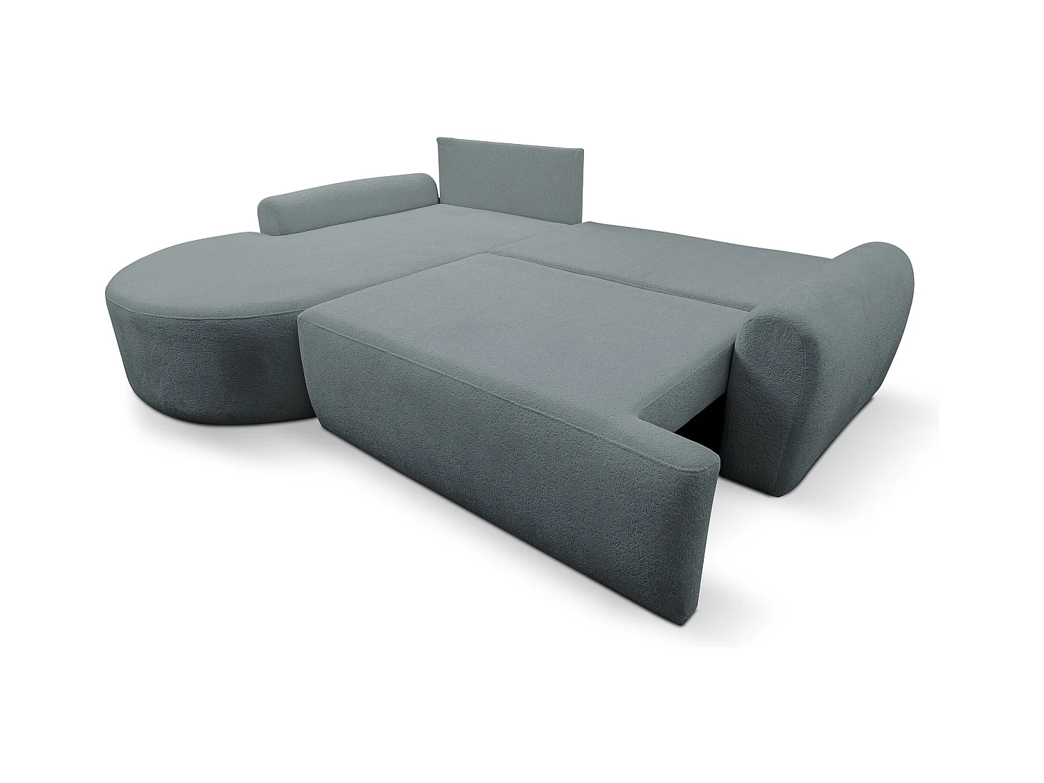 Canapé d'angle Dream avec fonction couchage et coffre de rangement, couleur : gris, tissu bouclé, pouf à gauche