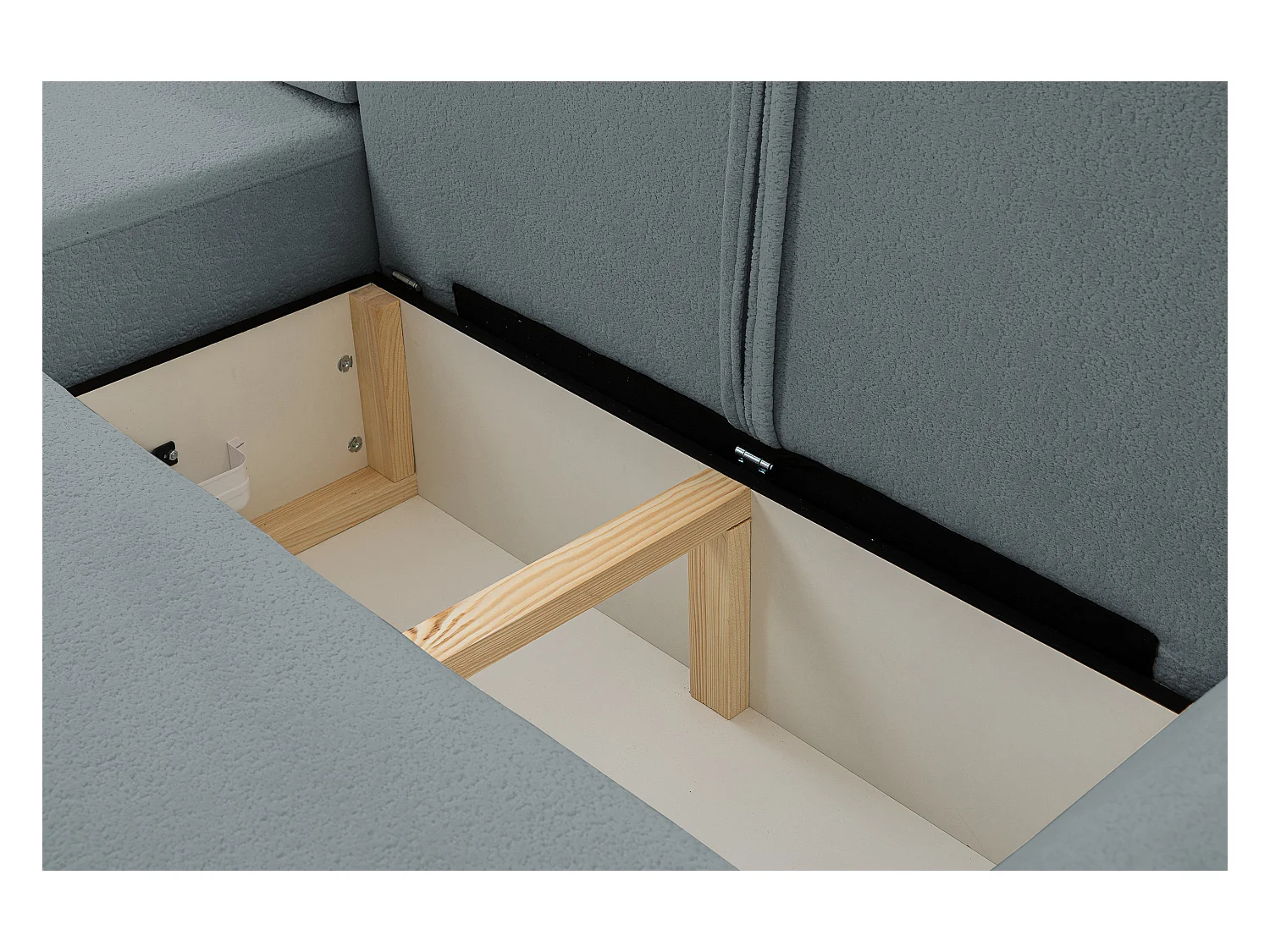 Canapé d'angle Dream avec fonction couchage et coffre de rangement, couleur : gris, tissu bouclé, pouf à gauche