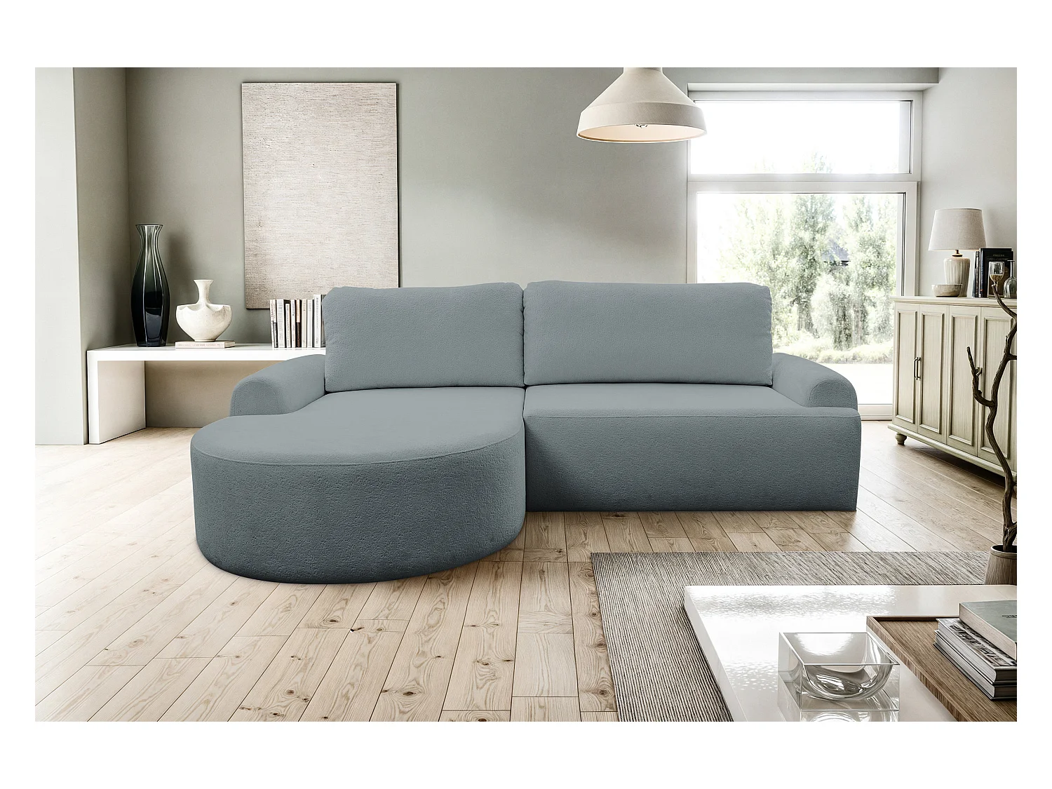 Canapé d'angle Dream avec fonction couchage et coffre de rangement, couleur : gris, tissu bouclé, pouf à gauche