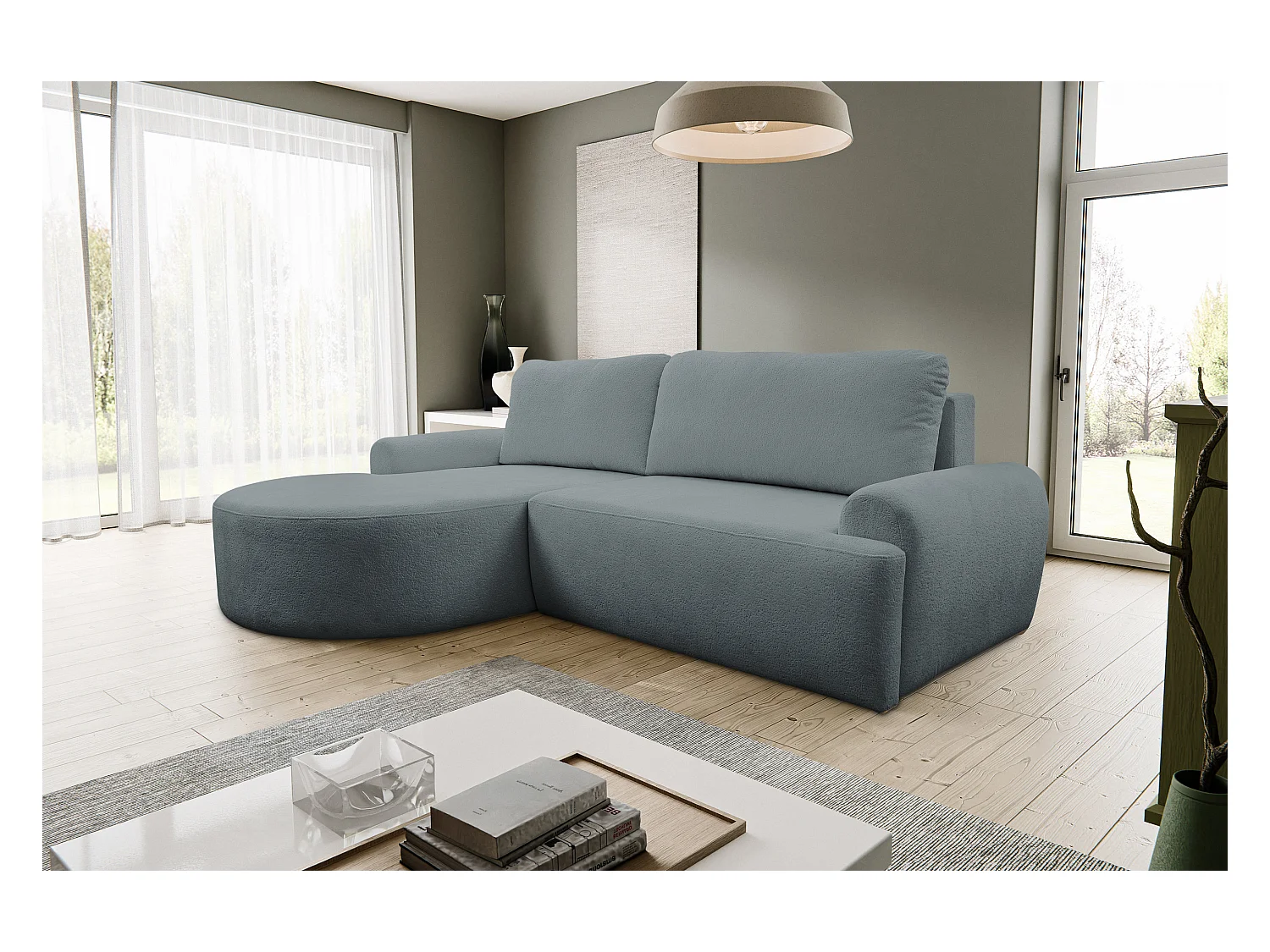 Canapé d'angle Dream avec fonction couchage et coffre de rangement, couleur : gris, tissu bouclé, pouf à gauche