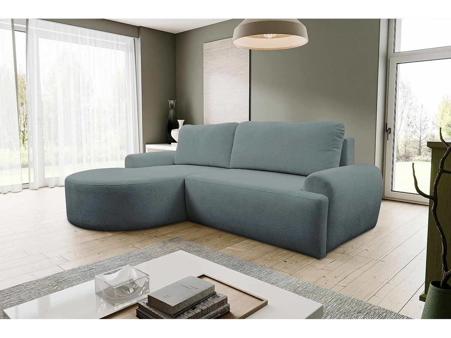 Canapé d'angle Dream avec fonction couchage et coffre de rangement, couleur : gris, tissu bouclé, pouf à gauche