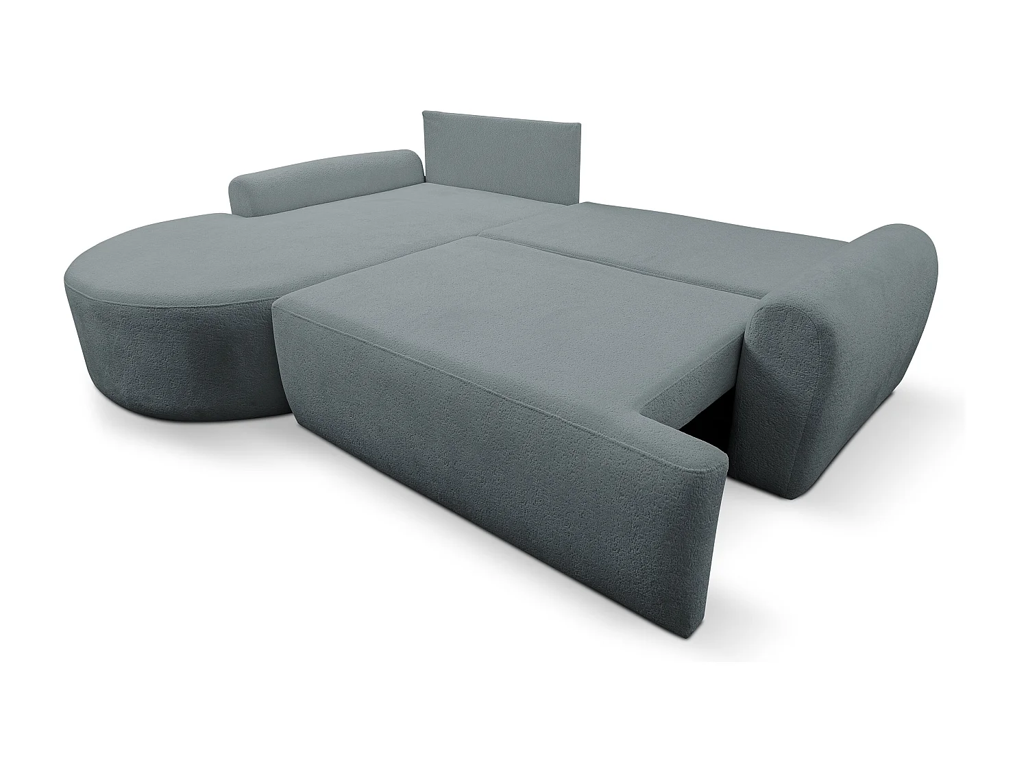 Canapé d'angle Dream avec fonction couchage et coffre de rangement, couleur : gris, tissu bouclé, pouf à gauche