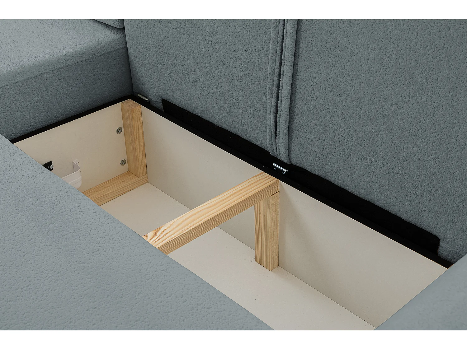 Canapé d'angle Dream avec fonction couchage et coffre de rangement, couleur : gris, tissu bouclé, pouf à gauche