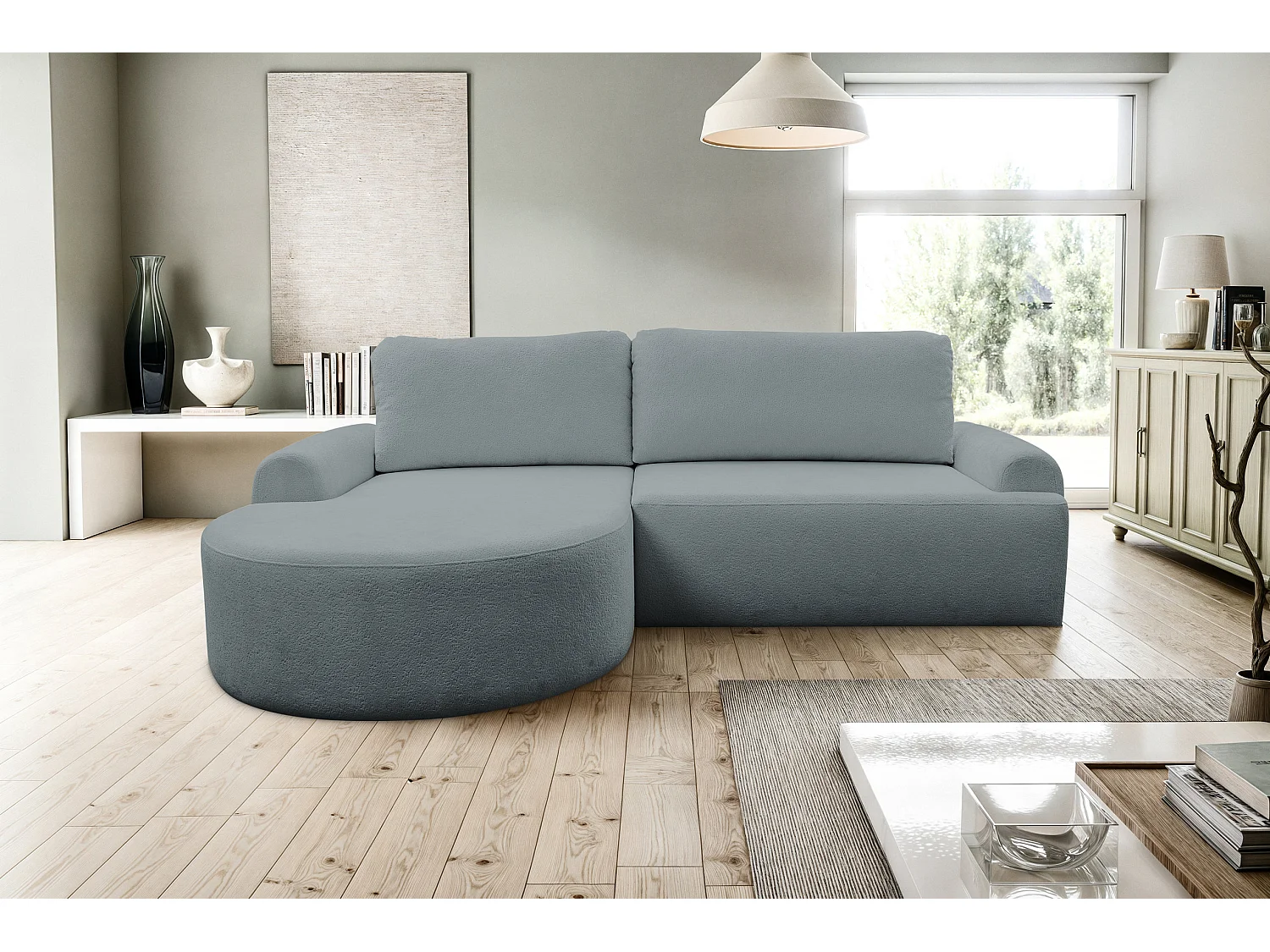 Canapé d'angle Dream avec fonction couchage et coffre de rangement, couleur : gris, tissu bouclé, pouf à gauche