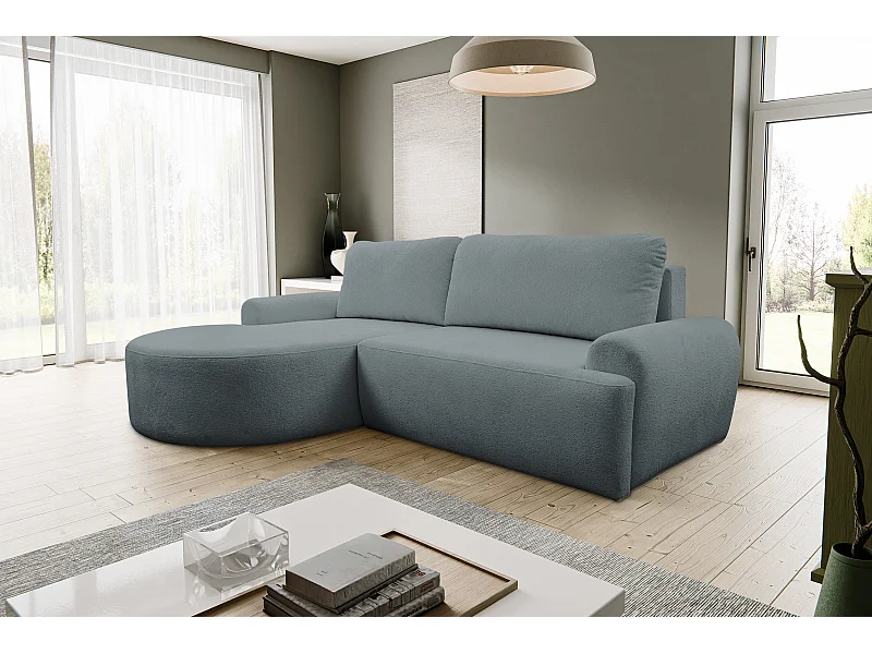 Canapé d'angle Dream avec fonction couchage et coffre de rangement, couleur : gris, tissu bouclé, pouf à gauche