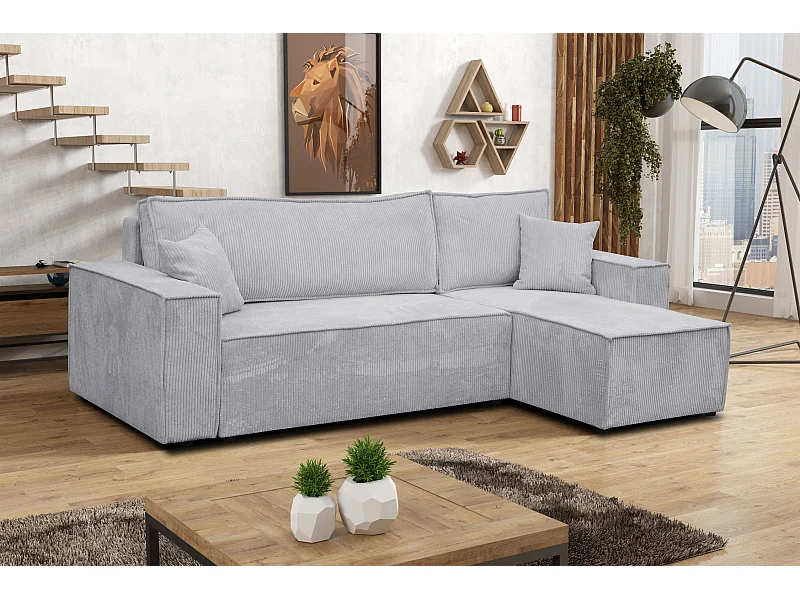 Canapé d'angle Hugo L avec fonction couchage et coffre de rangement, couleur : gris clair, tissu cordé, ottomane universelle