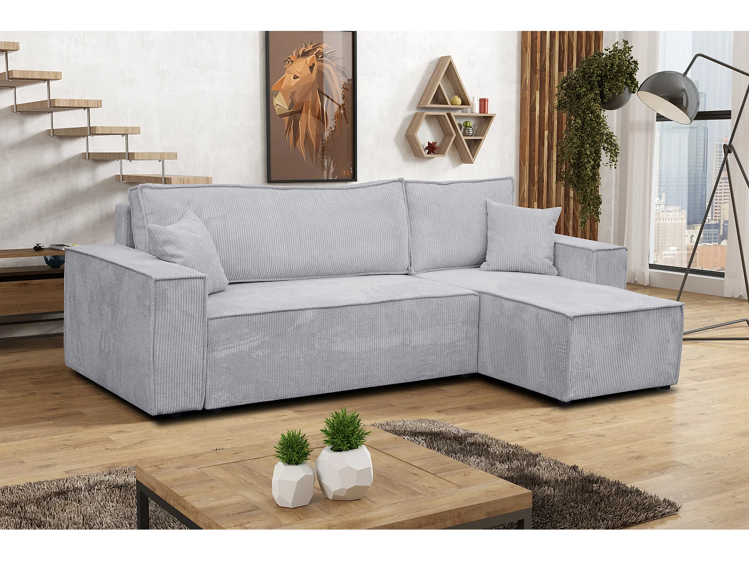 Canapé d'angle Hugo L avec fonction couchage et coffre de rangement, couleur : gris clair, tissu cordé, ottomane universelle