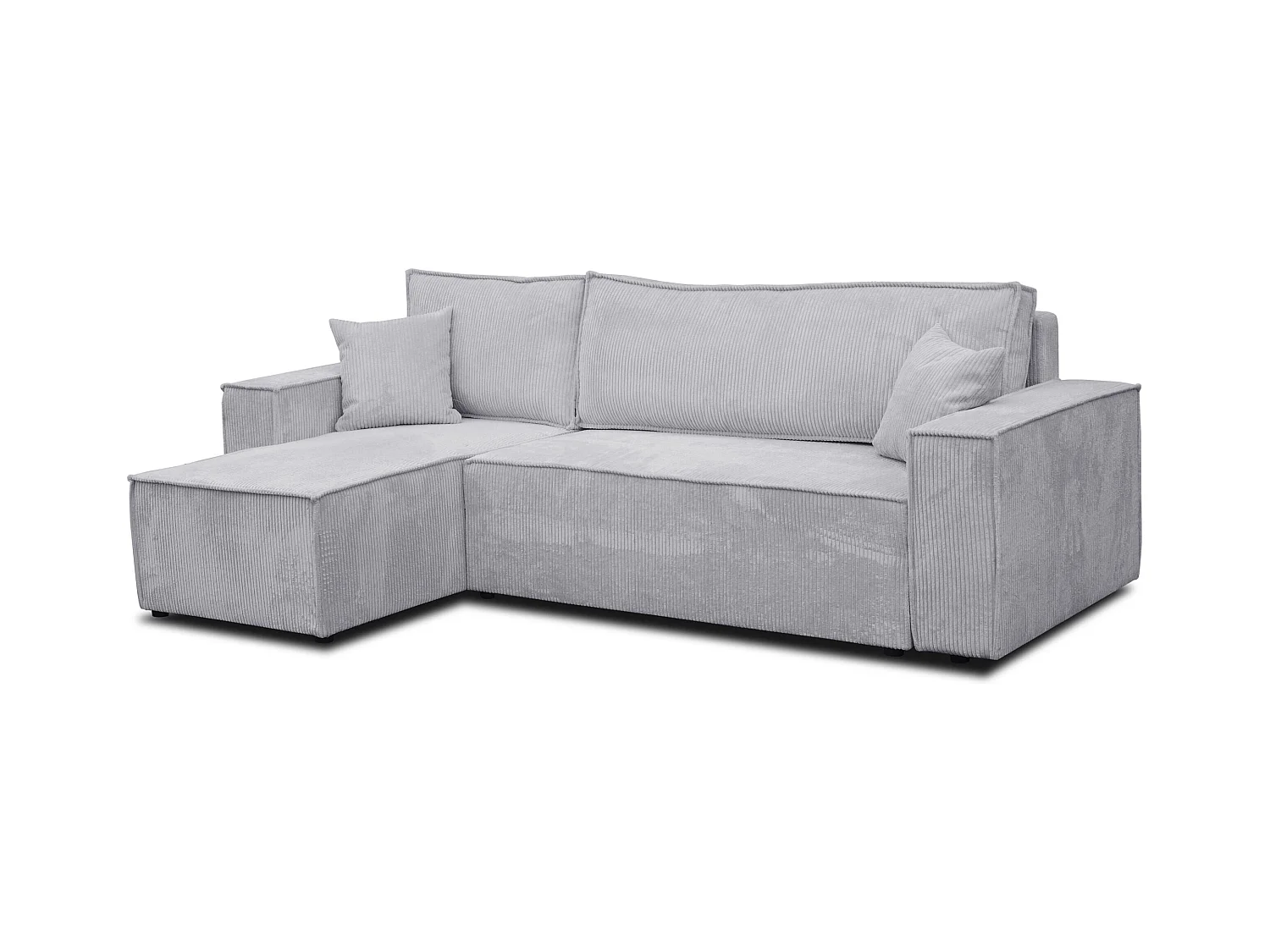 Canapé d'angle Hugo L avec fonction couchage et coffre de rangement, couleur : gris clair, tissu cordé, ottomane universelle