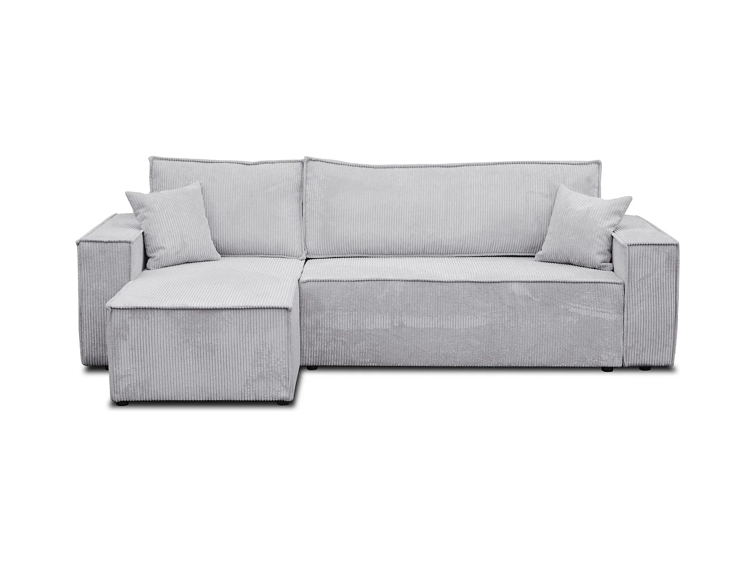 Canapé d'angle Hugo L avec fonction couchage et coffre de rangement, couleur : gris clair, tissu cordé, ottomane universelle