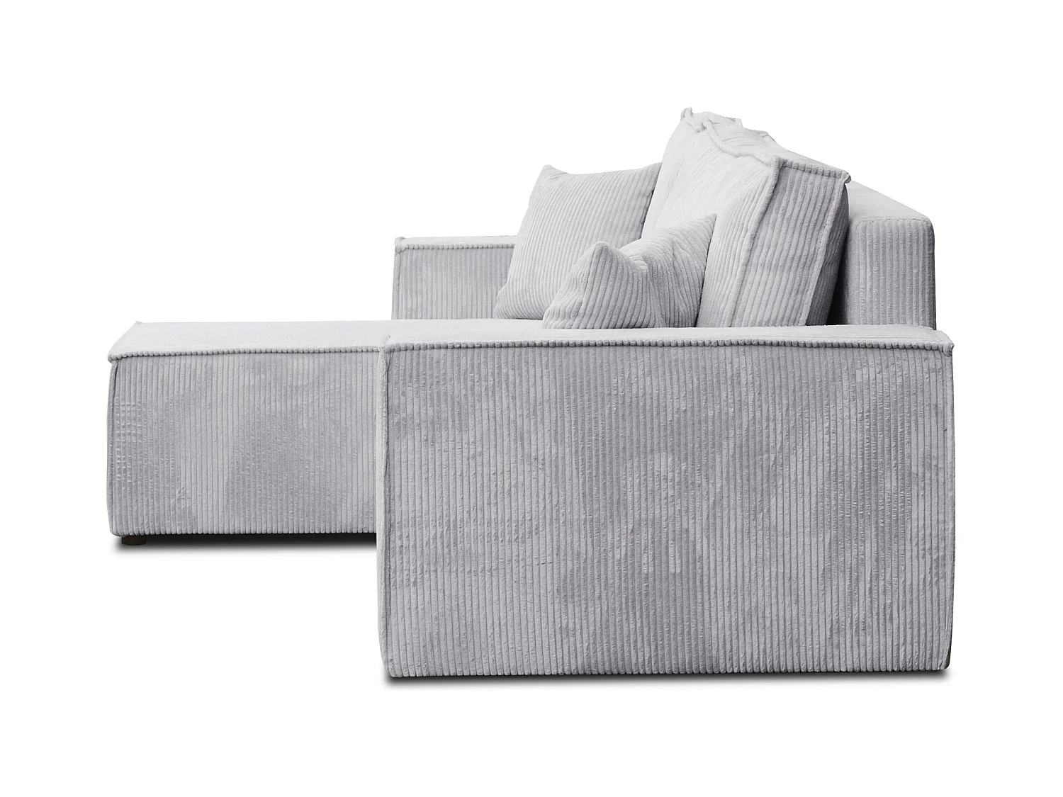 Canapé d'angle Hugo L avec fonction couchage et coffre de rangement, couleur : gris clair, tissu cordé, ottomane universelle