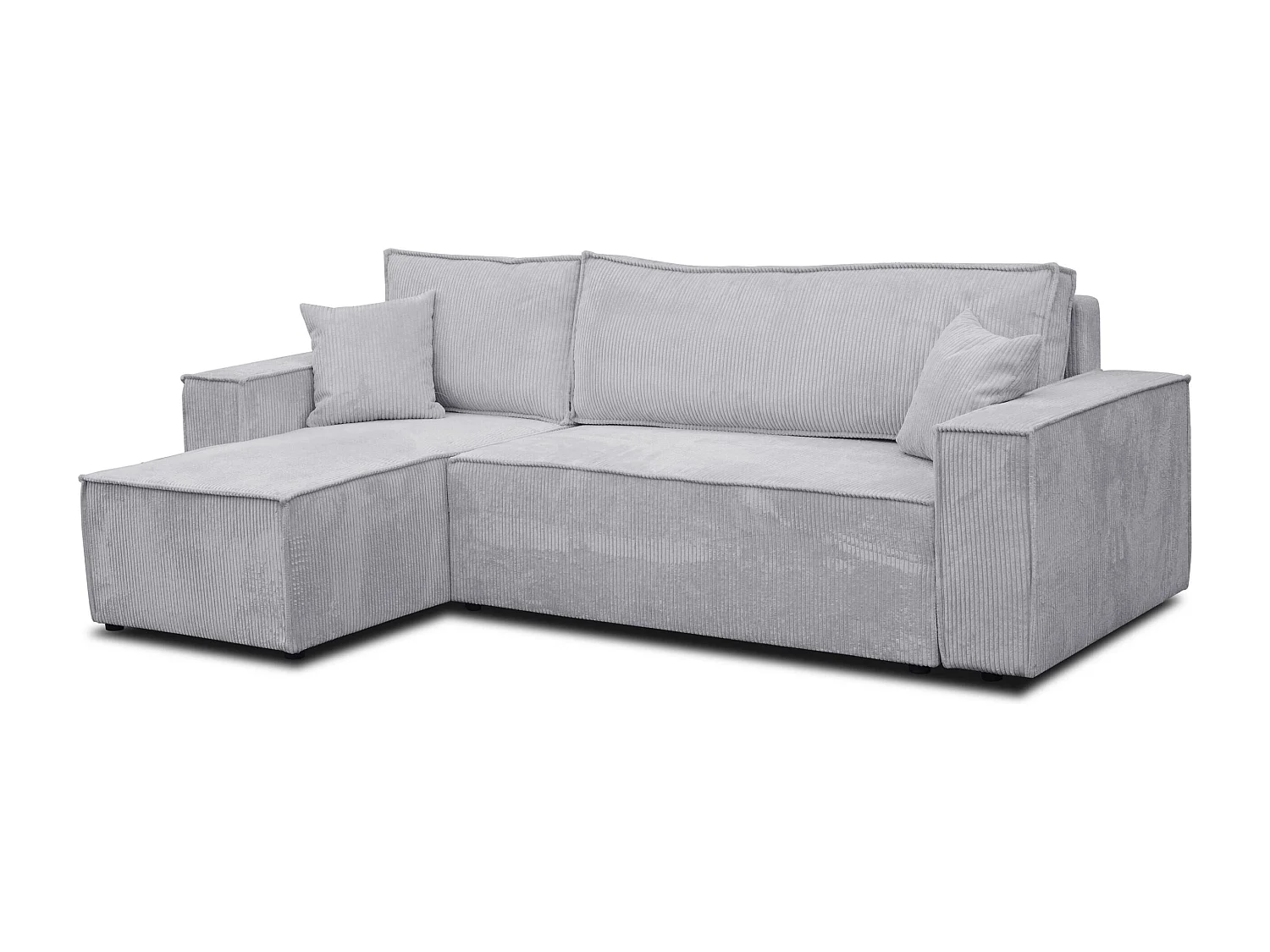 Canapé d'angle Hugo L avec fonction couchage et coffre de rangement, couleur : gris clair, tissu cordé, ottomane universelle