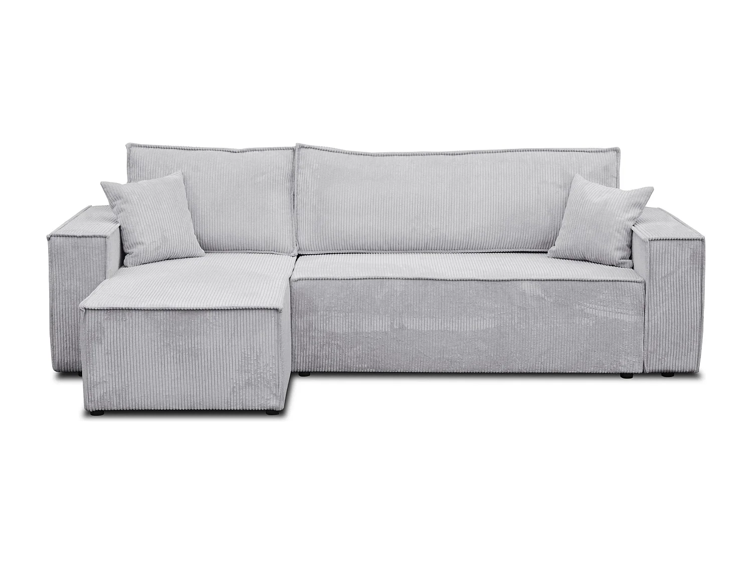 Canapé d'angle Hugo L avec fonction couchage et coffre de rangement, couleur : gris clair, tissu cordé, ottomane universelle