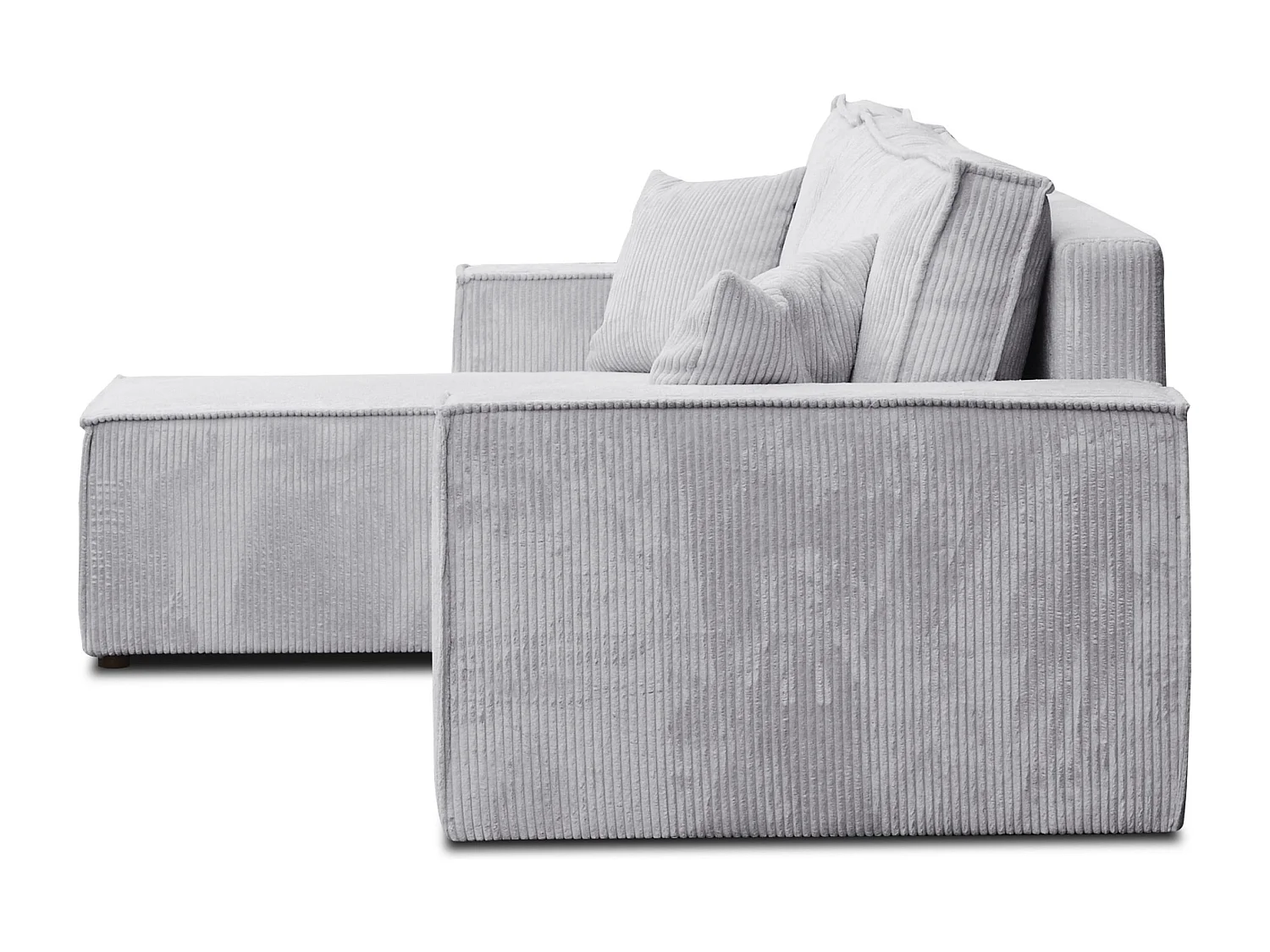 Canapé d'angle Hugo L avec fonction couchage et coffre de rangement, couleur : gris clair, tissu cordé, ottomane universelle