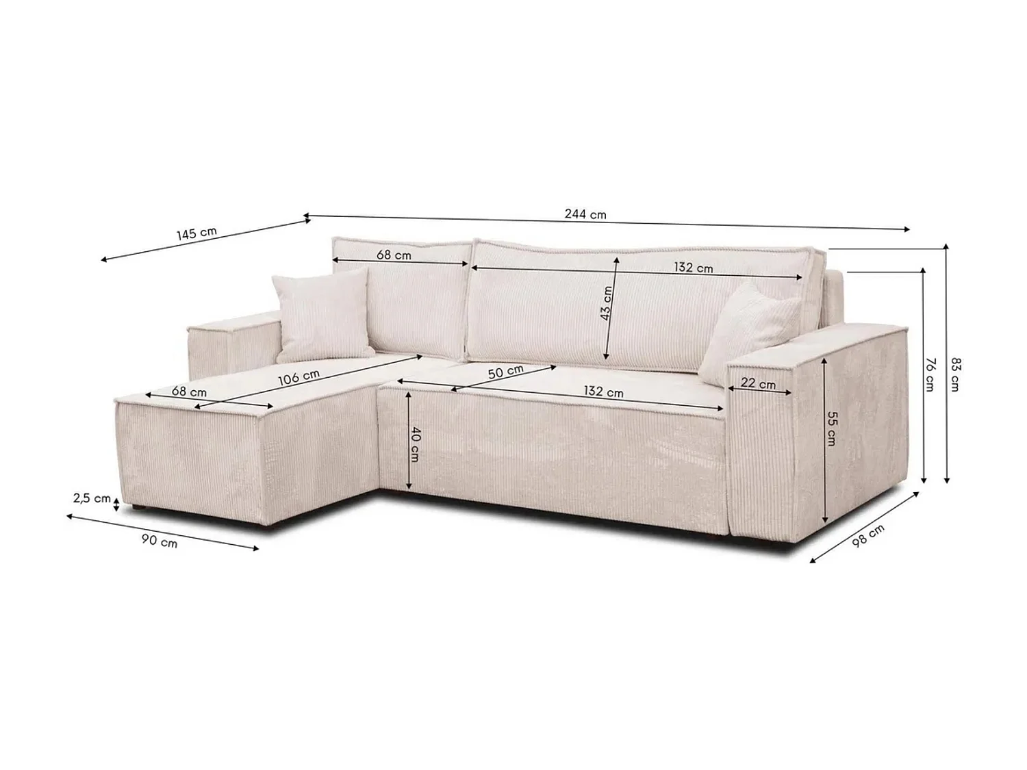 Canapé d'angle Hugo L avec fonction couchage et coffre de rangement, couleur : gris clair, tissu cordé, ottomane universelle