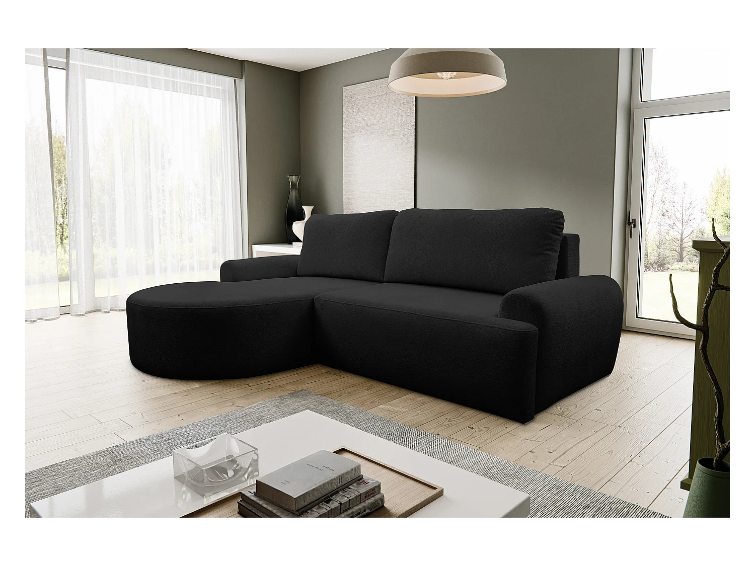 Canapé d'angle Dream avec fonction couchage et coffre de rangement, couleur : noir, tissu bouclé, pouf à gauche