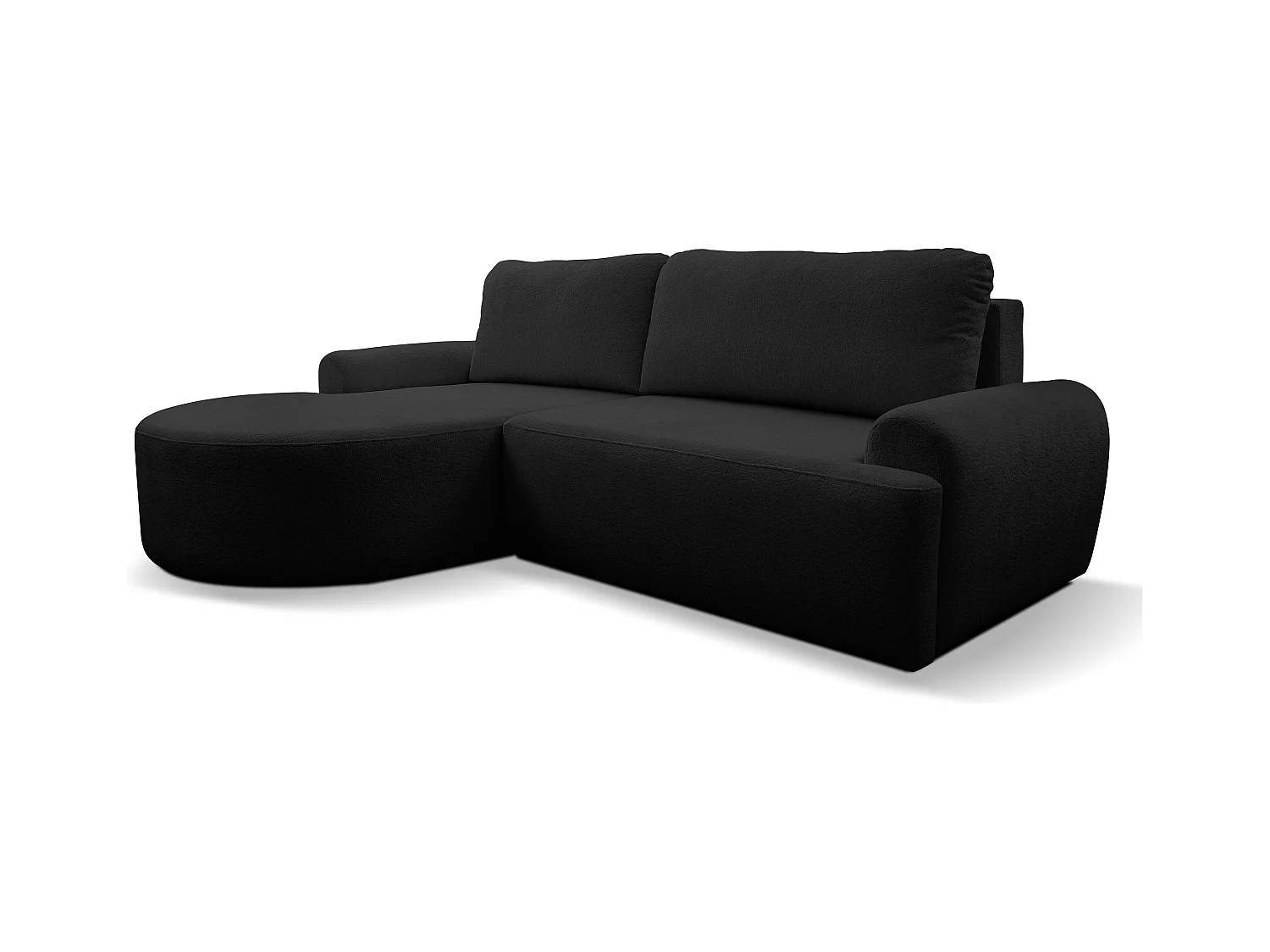 Canapé d'angle Dream avec fonction couchage et coffre de rangement, couleur : noir, tissu bouclé, pouf à gauche