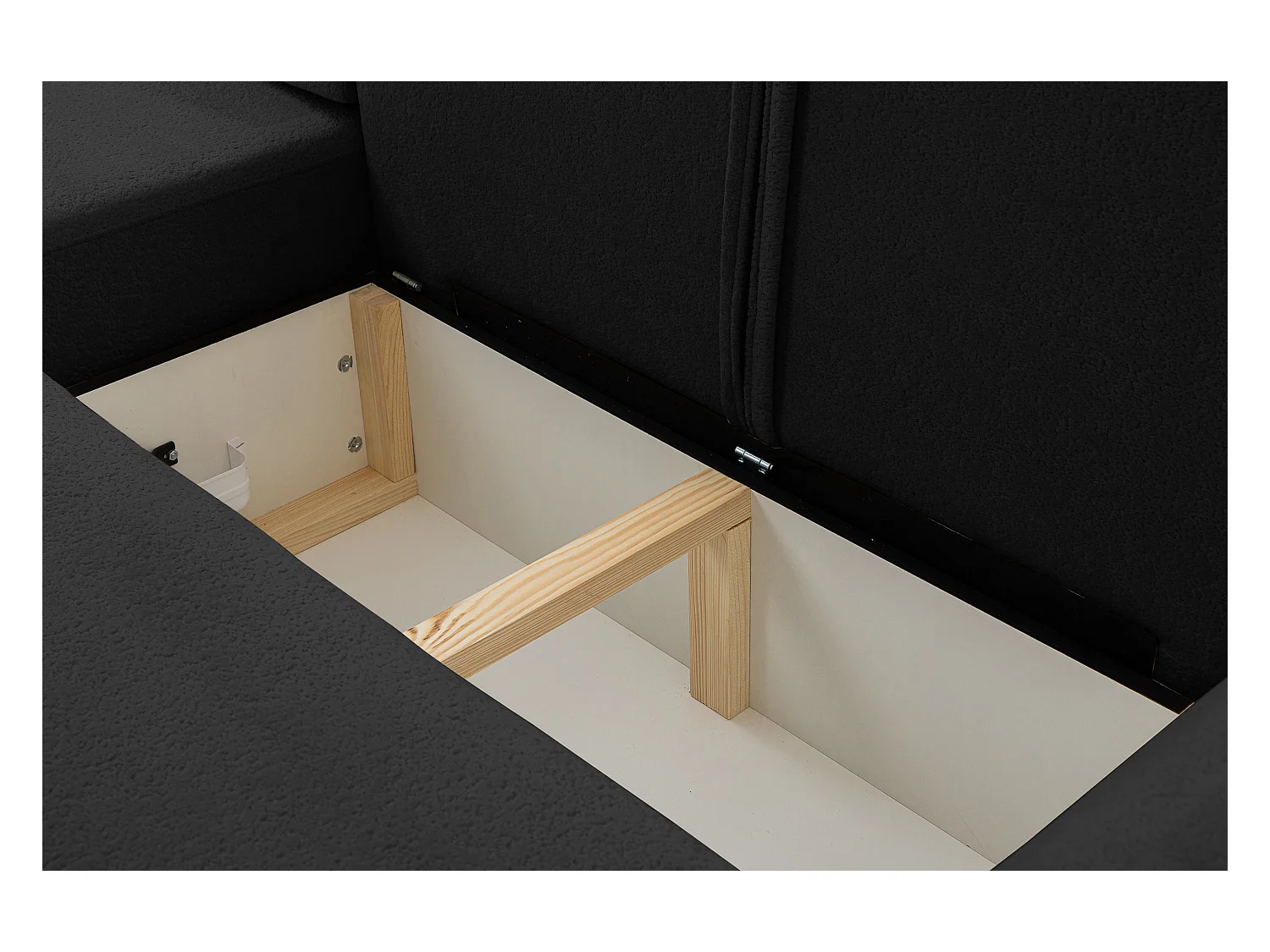 Canapé d'angle Dream avec fonction couchage et coffre de rangement, couleur : noir, tissu bouclé, pouf à gauche