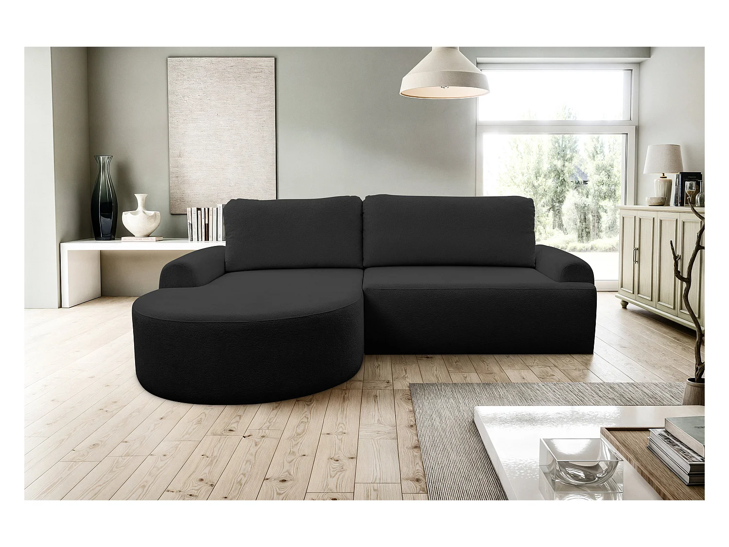 Canapé d'angle Dream avec fonction couchage et coffre de rangement, couleur : noir, tissu bouclé, pouf à gauche