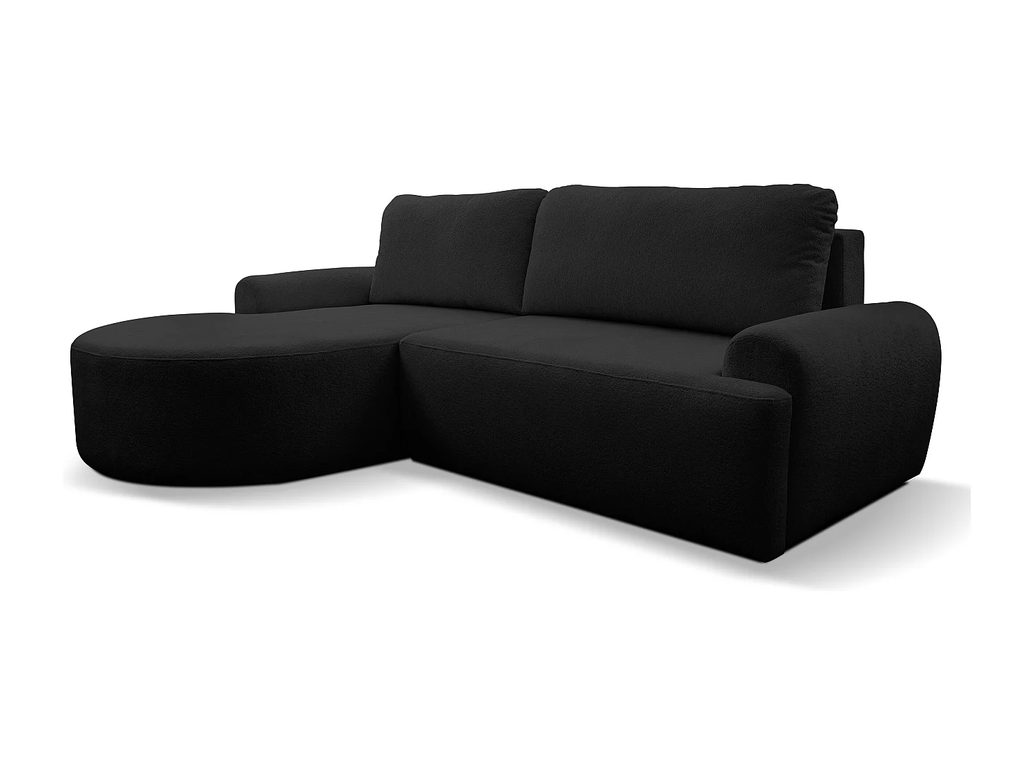 Canapé d'angle Dream avec fonction couchage et coffre de rangement, couleur : noir, tissu bouclé, pouf à gauche