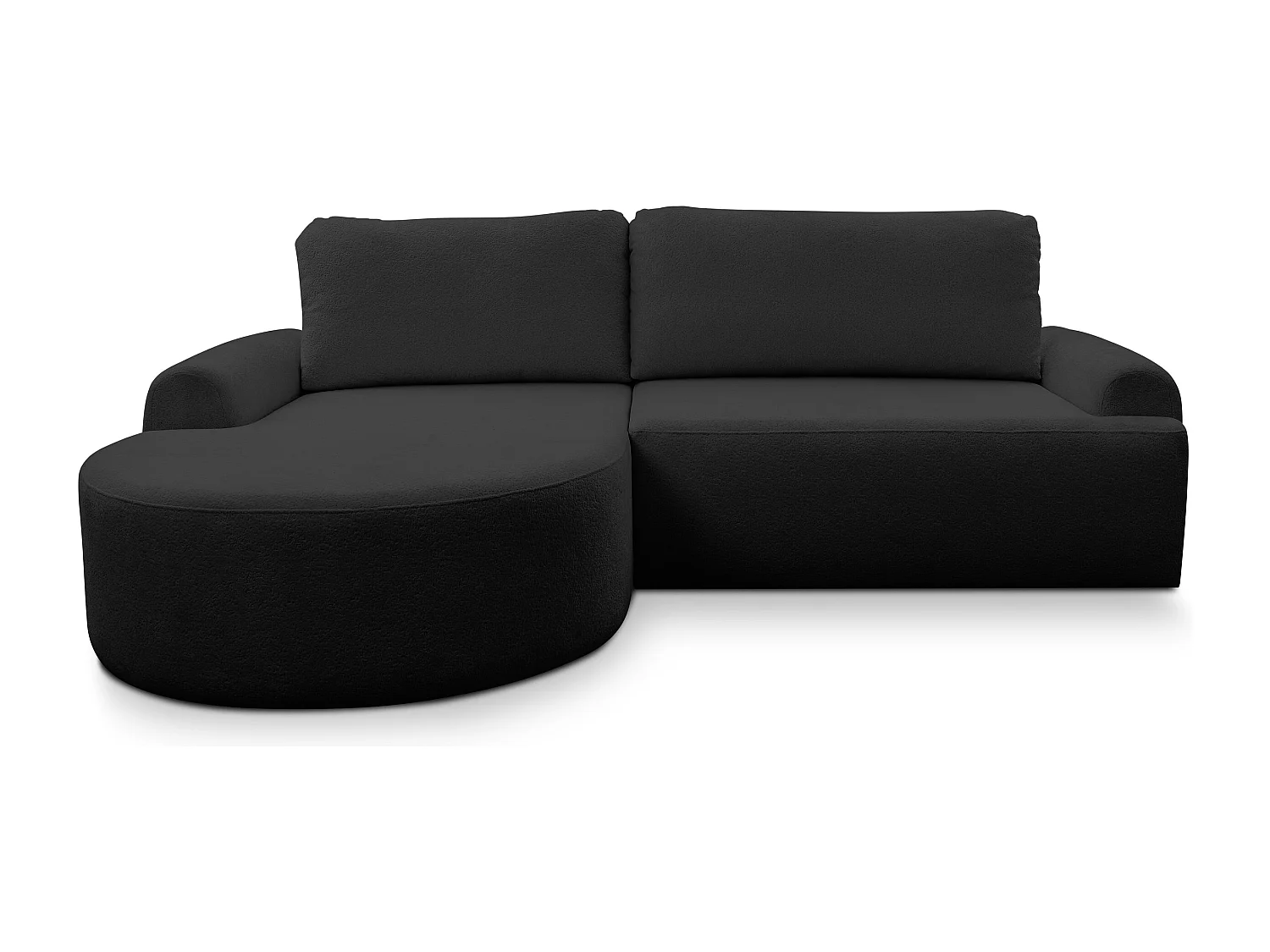 Canapé d'angle Dream avec fonction couchage et coffre de rangement, couleur : noir, tissu bouclé, pouf à gauche
