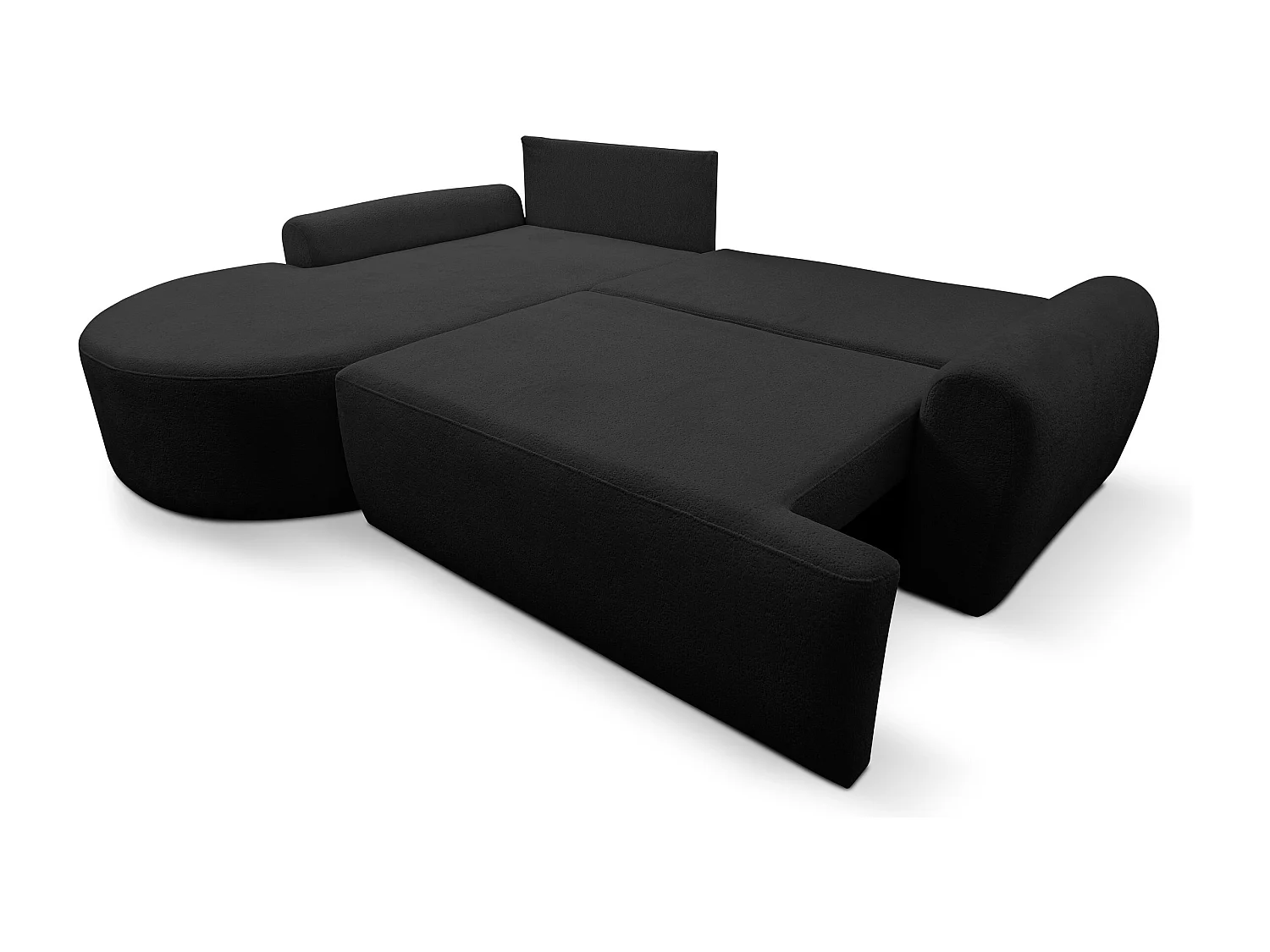Canapé d'angle Dream avec fonction couchage et coffre de rangement, couleur : noir, tissu bouclé, pouf à gauche