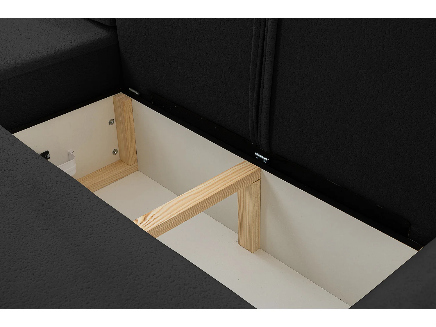 Canapé d'angle Dream avec fonction couchage et coffre de rangement, couleur : noir, tissu bouclé, pouf à gauche