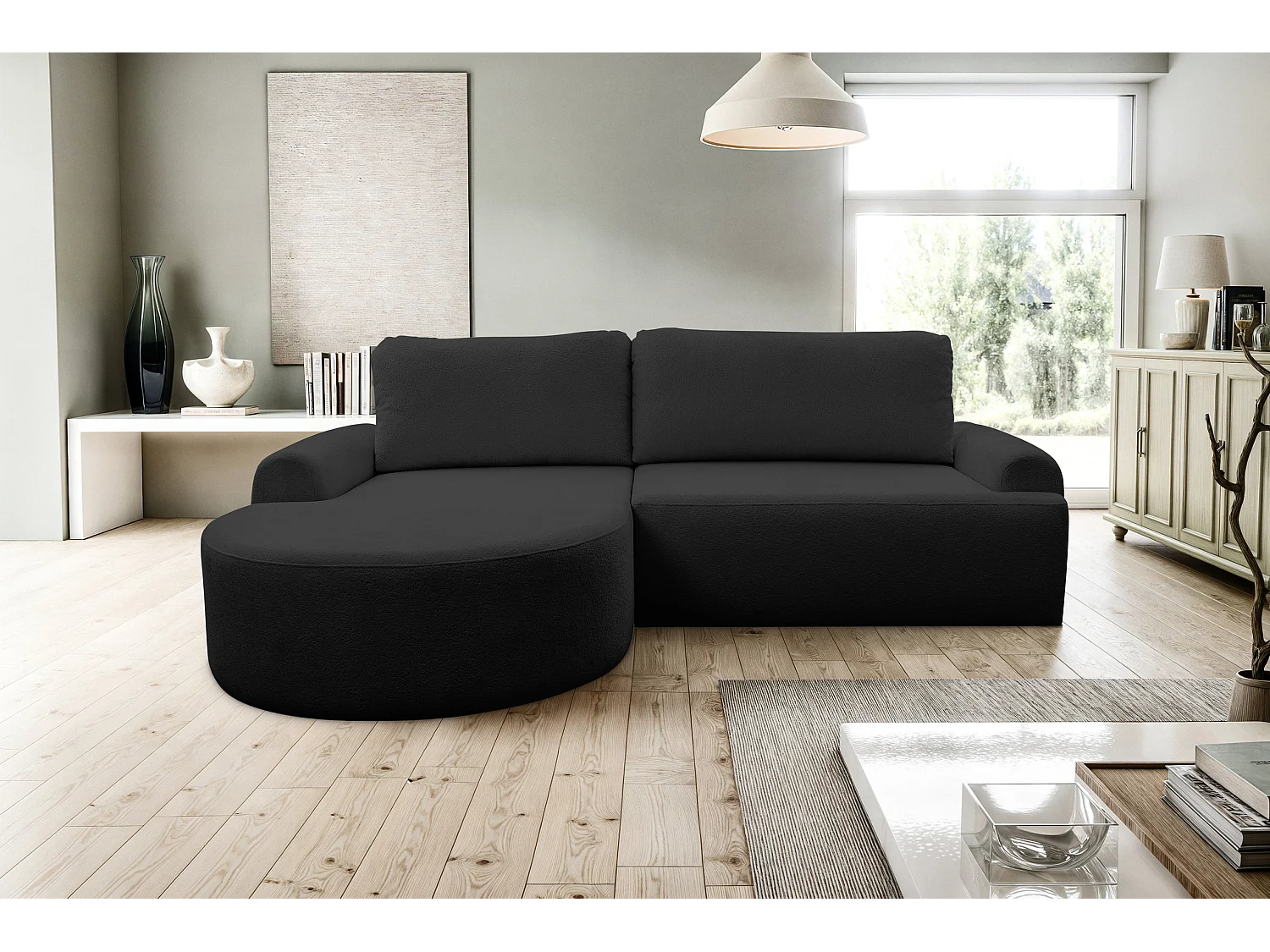 Canapé d'angle Dream avec fonction couchage et coffre de rangement, couleur : noir, tissu bouclé, pouf à gauche