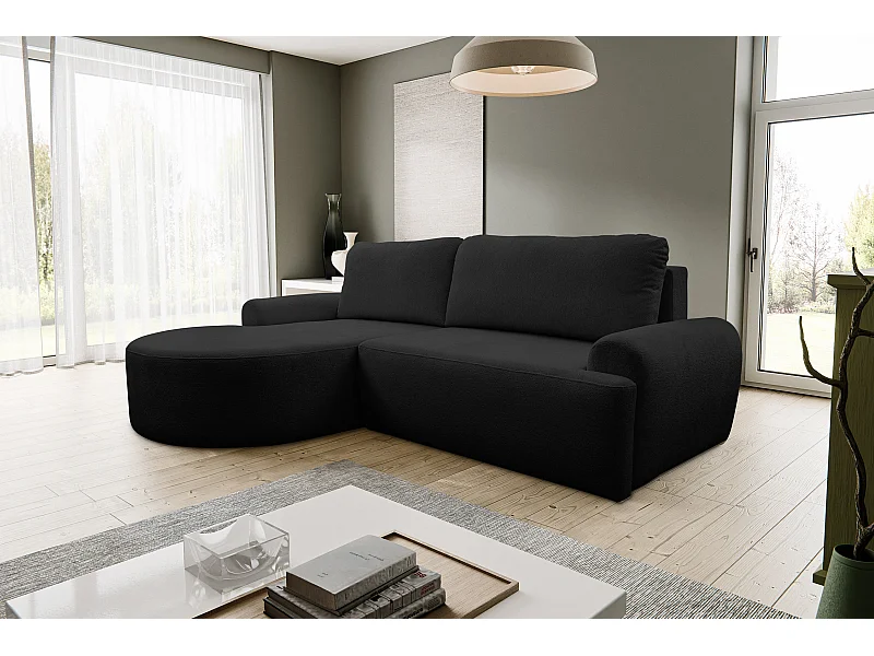 Canapé d'angle Dream avec fonction couchage et coffre de rangement, couleur : noir, tissu bouclé, pouf à gauche