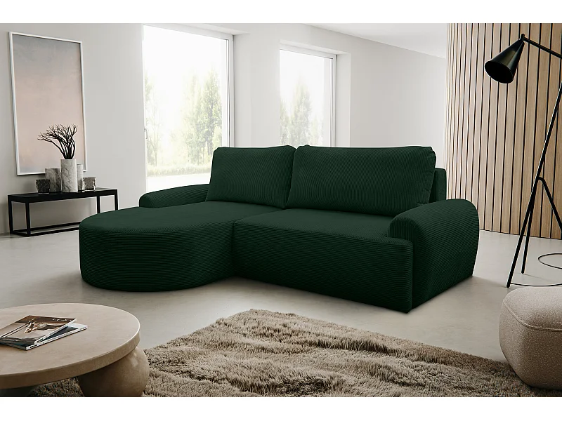 Ecksofa Dream Cord, Eckcouch in L-Form mit Schlaffunktion und Bettkasten, Farbe: Grün, Cordstoff, Ottomane Links