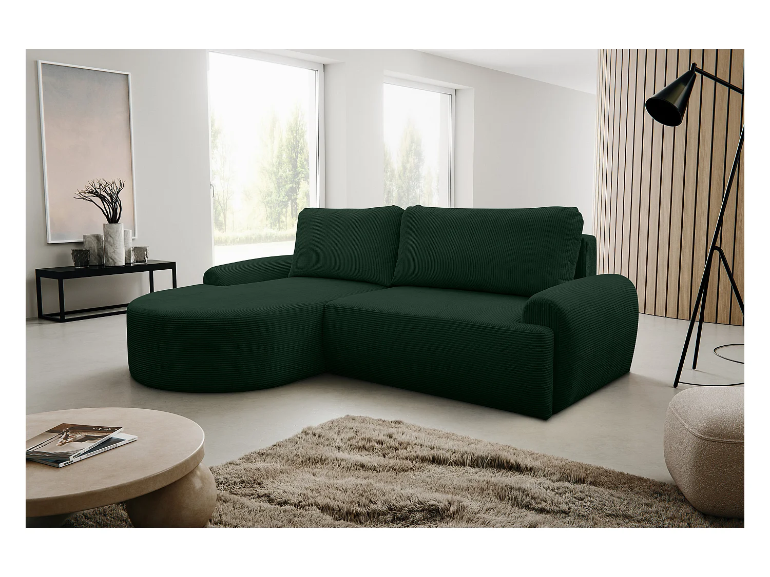 Canapé d'angle Dream Cord avec fonction couchage et coffre de rangement, couleur : vert, tissu cordé, pouf à gauche