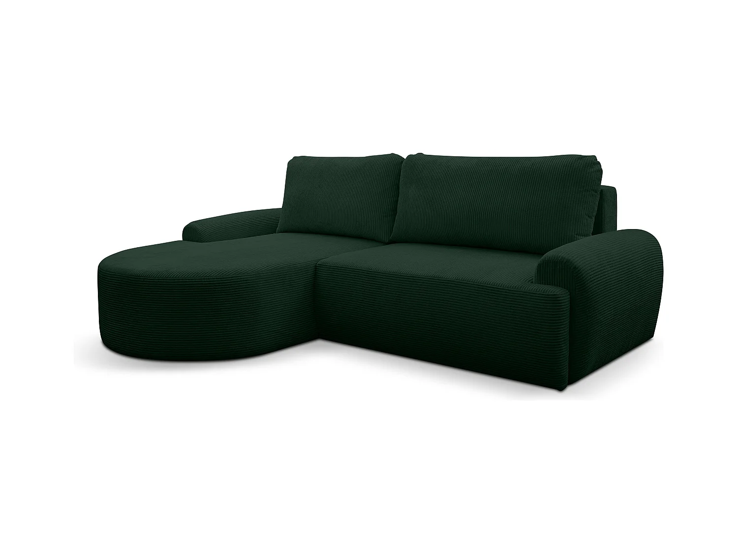 Canapé d'angle Dream Cord avec fonction couchage et coffre de rangement, couleur : vert, tissu cordé, pouf à gauche
