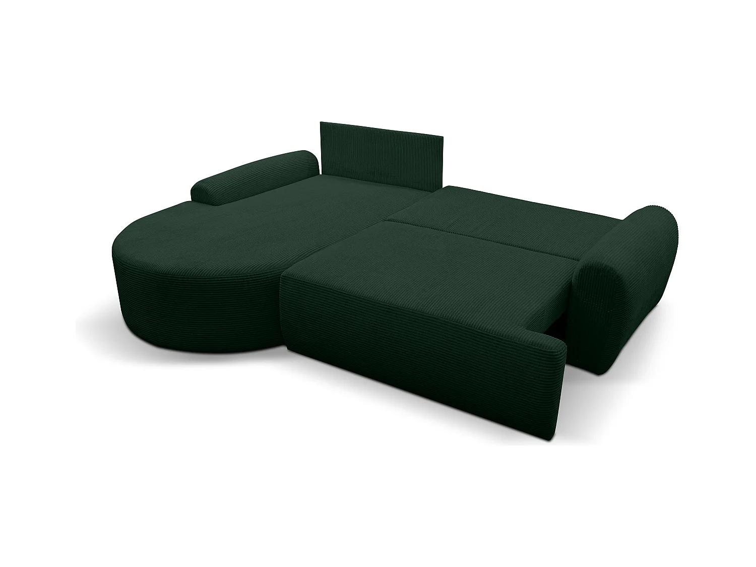 Canapé d'angle Dream Cord avec fonction couchage et coffre de rangement, couleur : vert, tissu cordé, pouf à gauche