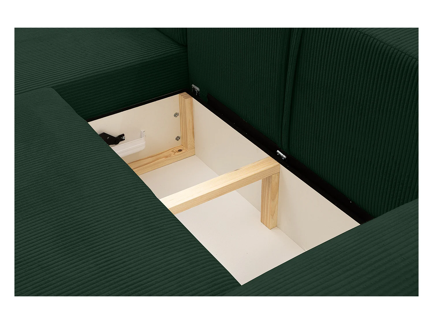 Canapé d'angle Dream Cord avec fonction couchage et coffre de rangement, couleur : vert, tissu cordé, pouf à gauche