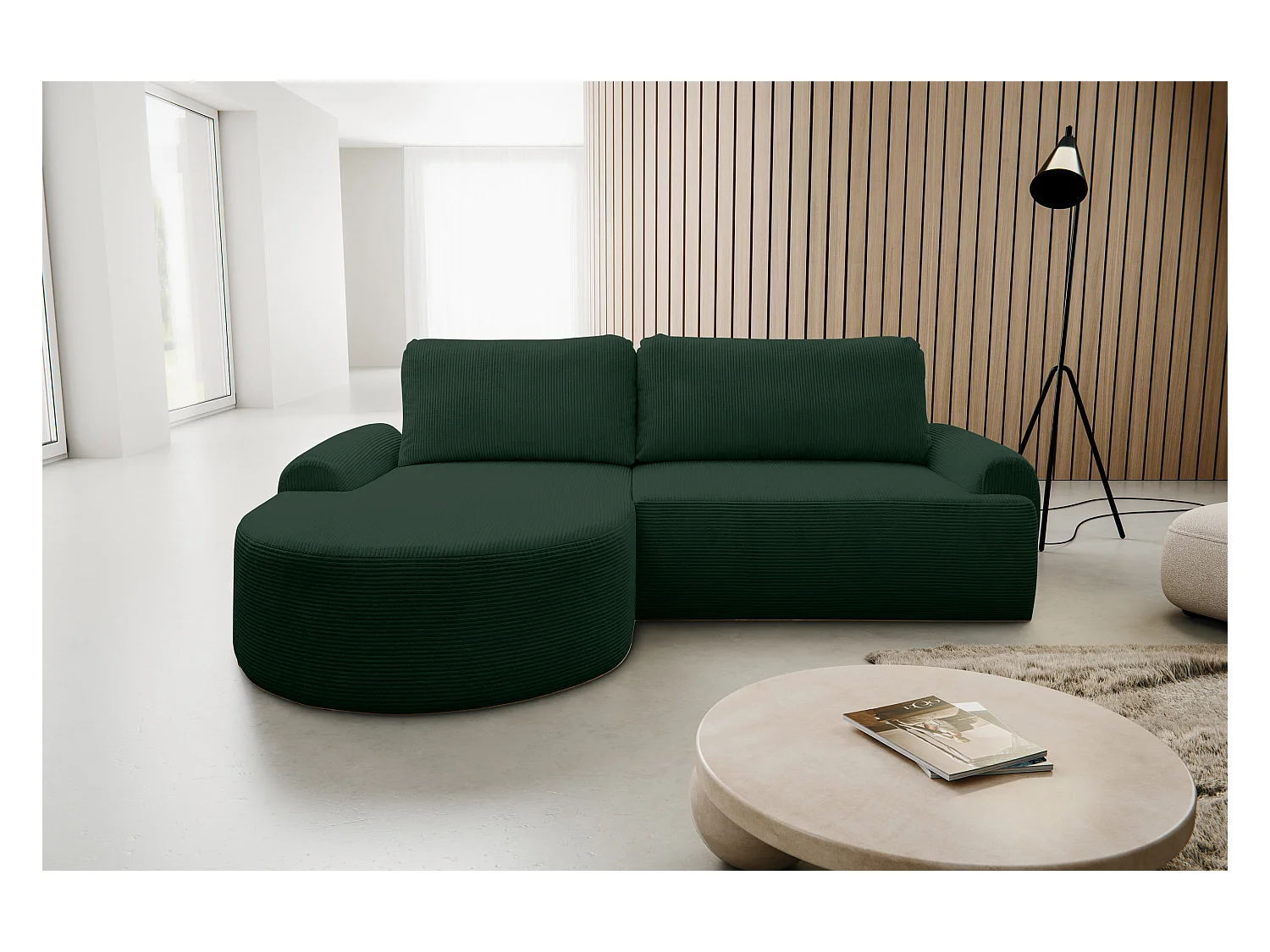 Canapé d'angle Dream Cord avec fonction couchage et coffre de rangement, couleur : vert, tissu cordé, pouf à gauche