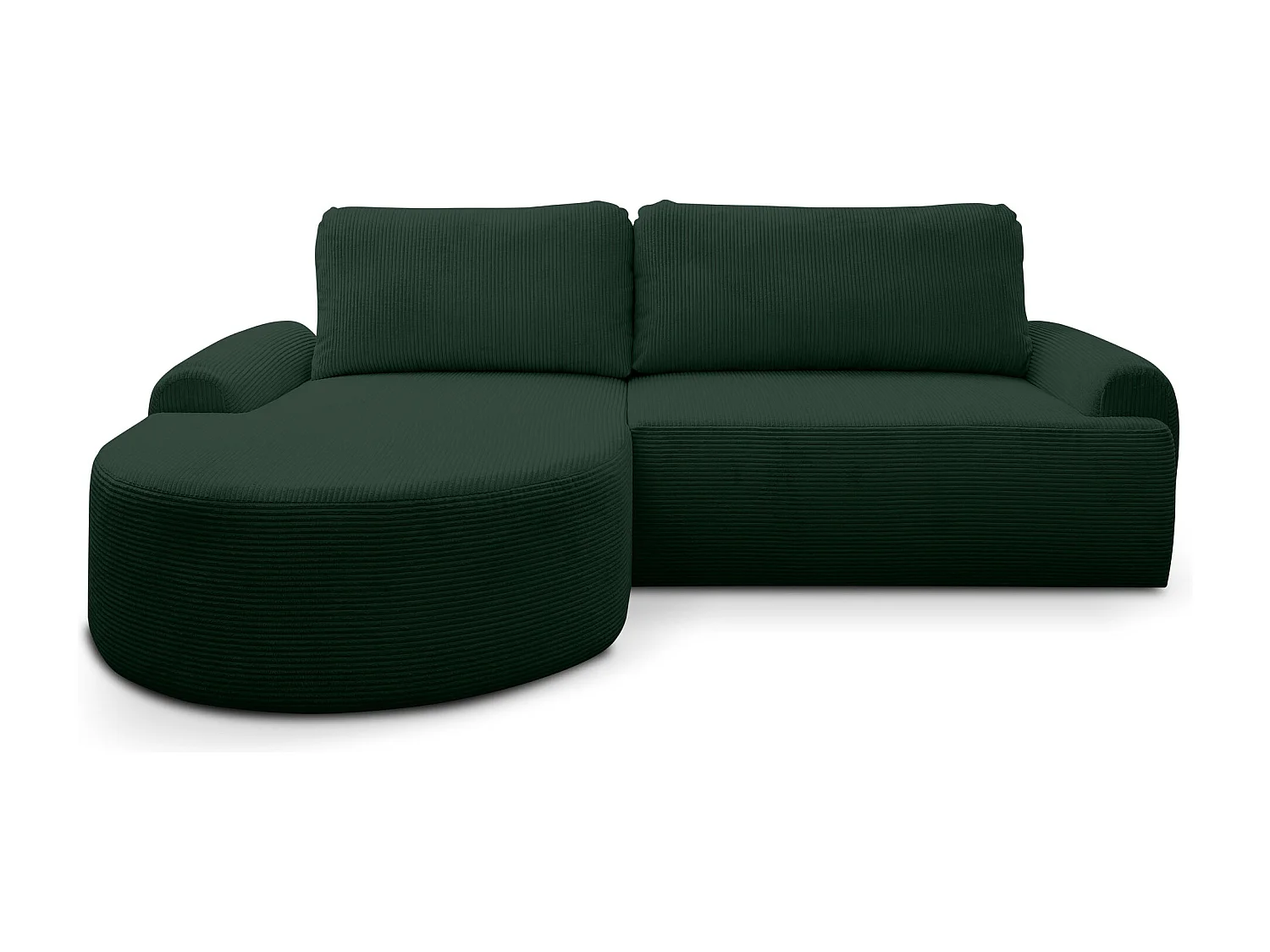 Canapé d'angle Dream Cord avec fonction couchage et coffre de rangement, couleur : vert, tissu cordé, pouf à gauche