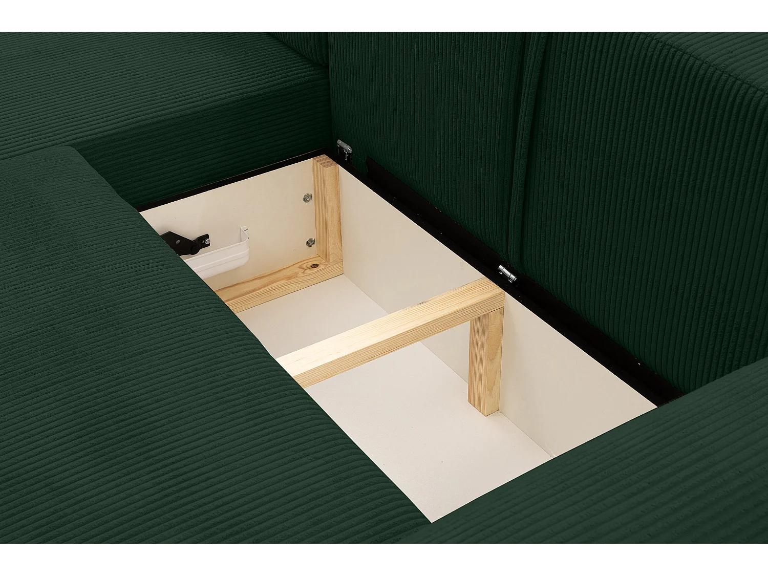 Canapé d'angle Dream Cord avec fonction couchage et coffre de rangement, couleur : vert, tissu cordé, pouf à gauche