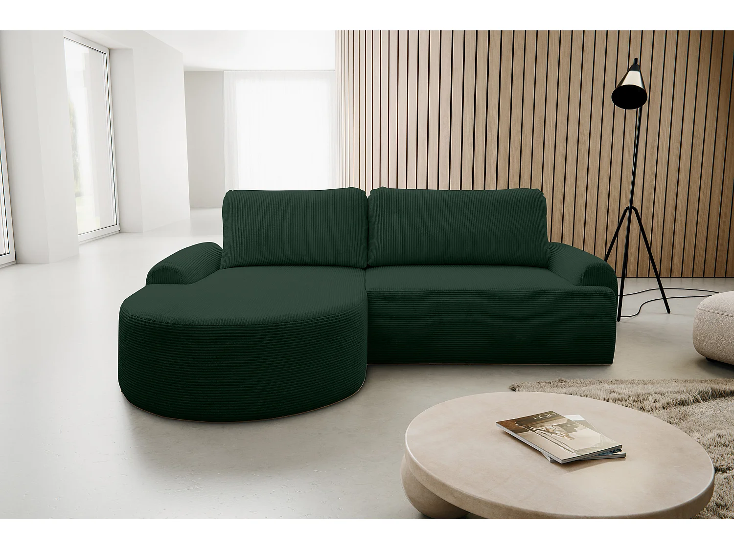 Canapé d'angle Dream Cord avec fonction couchage et coffre de rangement, couleur : vert, tissu cordé, pouf à gauche