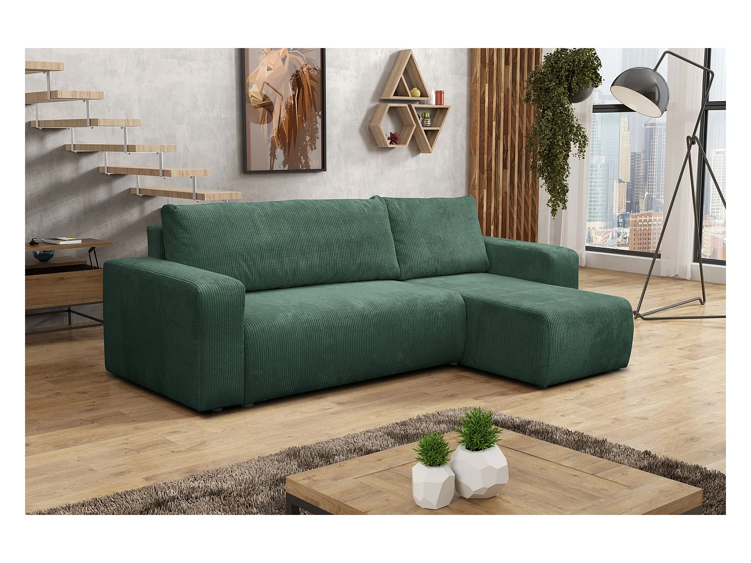 Canapé d'angle Luna L avec fonction de couchage et coffre de rangement, couleur : vert, tissu cordé, pouf universel