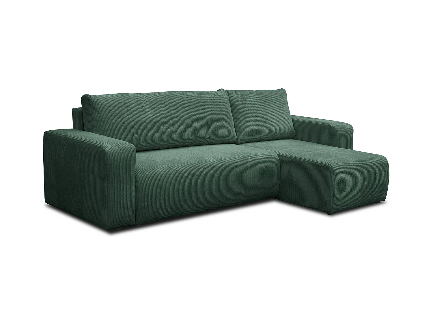 Canapé d'angle Luna L avec fonction de couchage et coffre de rangement, couleur : vert, tissu cordé, pouf universel