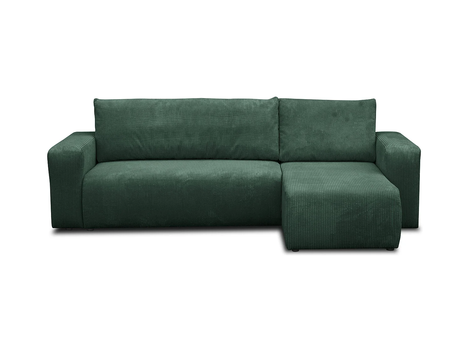 Canapé d'angle Luna L avec fonction de couchage et coffre de rangement, couleur : vert, tissu cordé, pouf universel