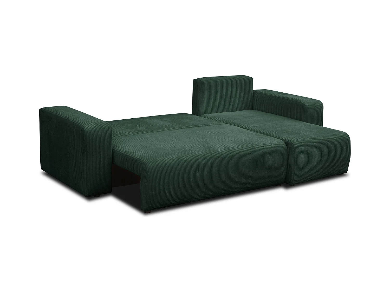 Canapé d'angle Luna L avec fonction de couchage et coffre de rangement, couleur : vert, tissu cordé, pouf universel